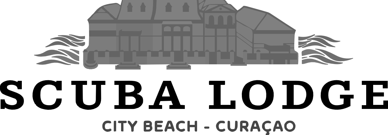 Black and grey logo of a historic building with waves on each side, below the text "Scuba Lodge" and "City Beach - Curaçao".