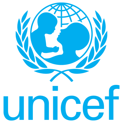 UNICEF logo featuring a globe with two children and olive branches surrounding them, and the word 'unicef' underneath.
