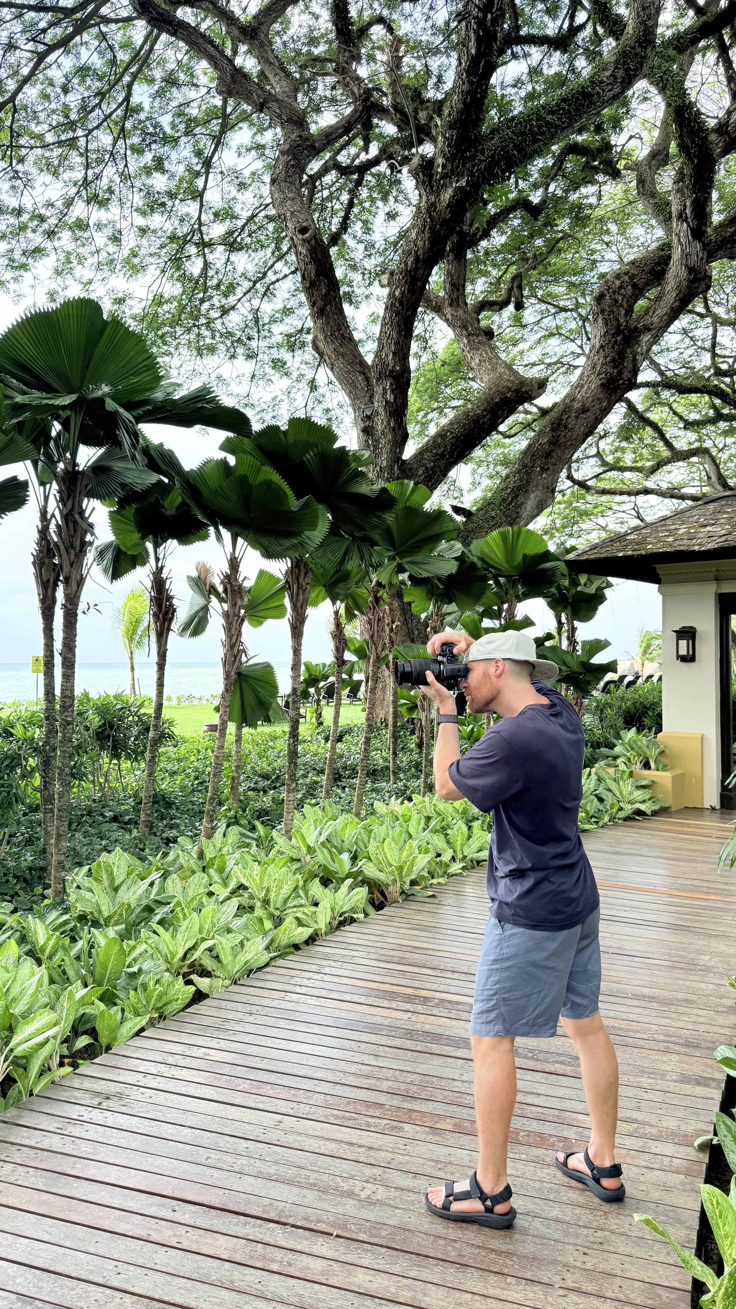 Erik van der Ven wearing a beige cap, navy t-shirt, light blue shorts, and sandals is taking a photograph with a camera in a lush green outdoor setting. The area features large leafy plants, a big tree with sprawling branches, and a wooden walkway ne