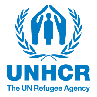UNHCR logo featuring a blue emblem with a stylized human figure, surrounded by a laurel wreath, with the text 'UNHCR' and 'The UN Refugee Agency' underneath.