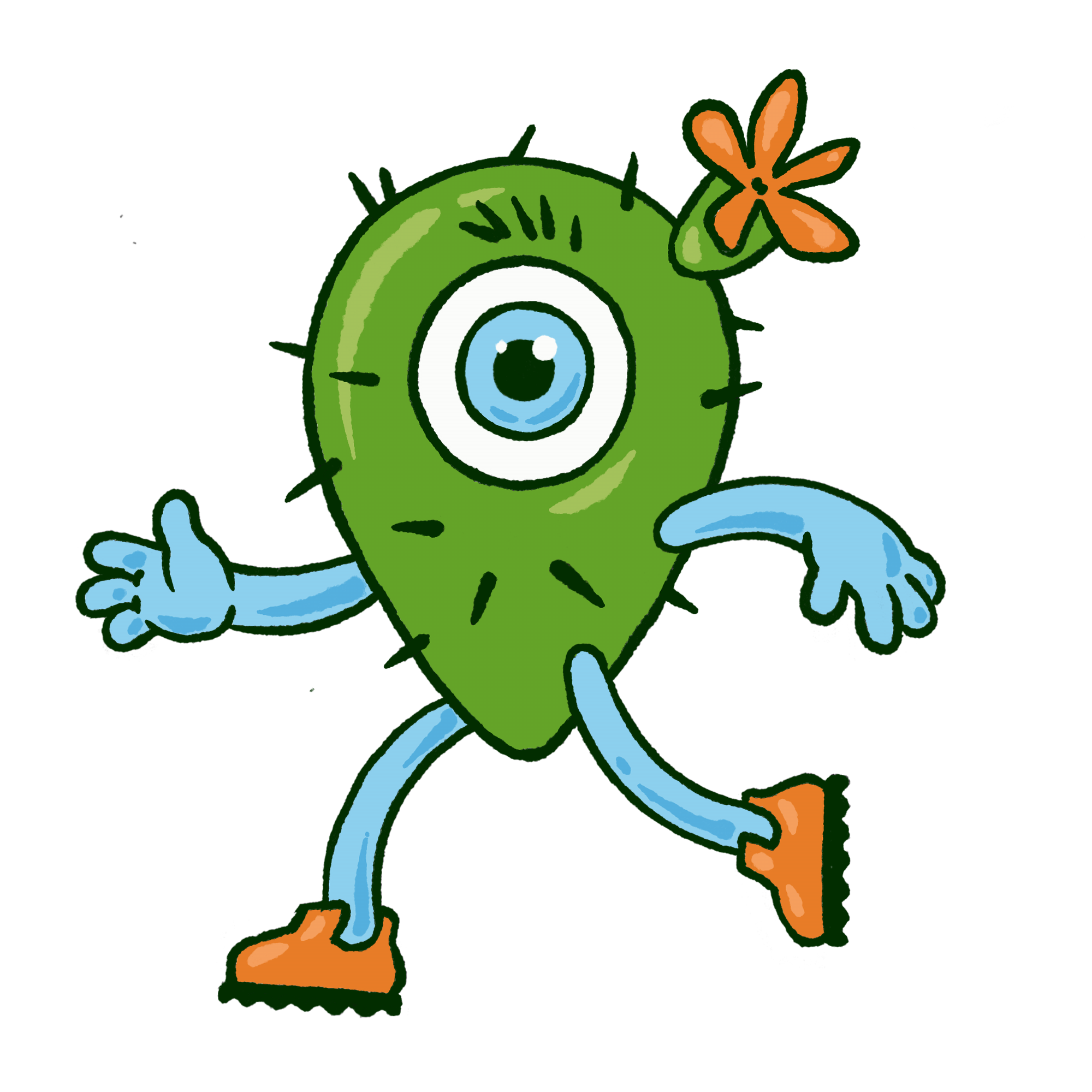 A cartoon illustration of a green nopal cactus leaf with a big blue eye, blue legs and arms, and orange sneakers. The cactus leaf appears to be running and has an orange flower on its head.