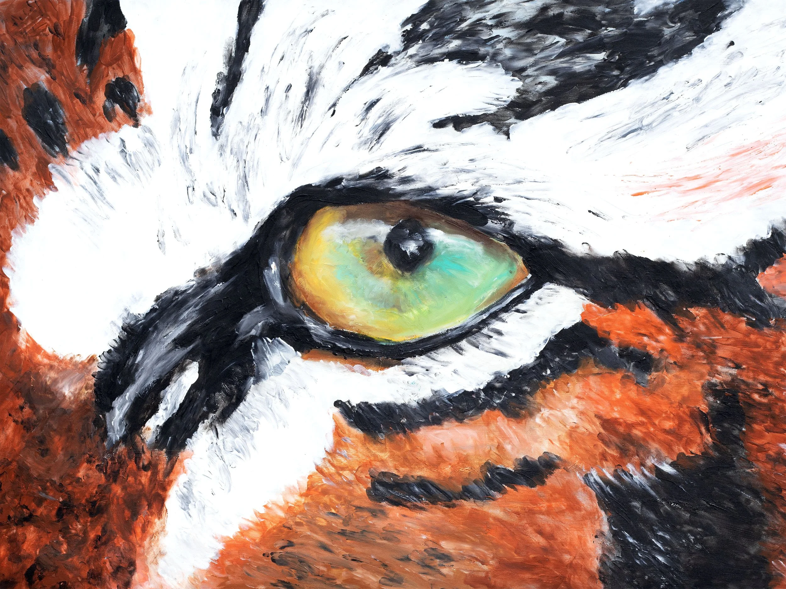 Close-up of a painted image of a black and white cat with a striking green and orange eye, with fiery orange and black background.