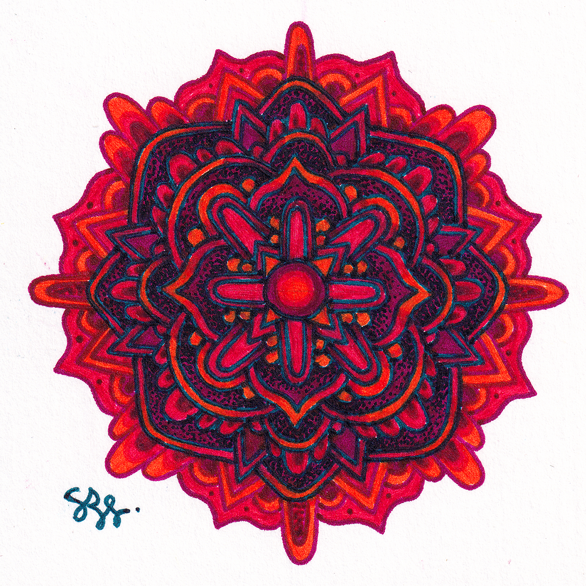 Colorful mandala design with red, purple, orange, green, and blue accents on white background.