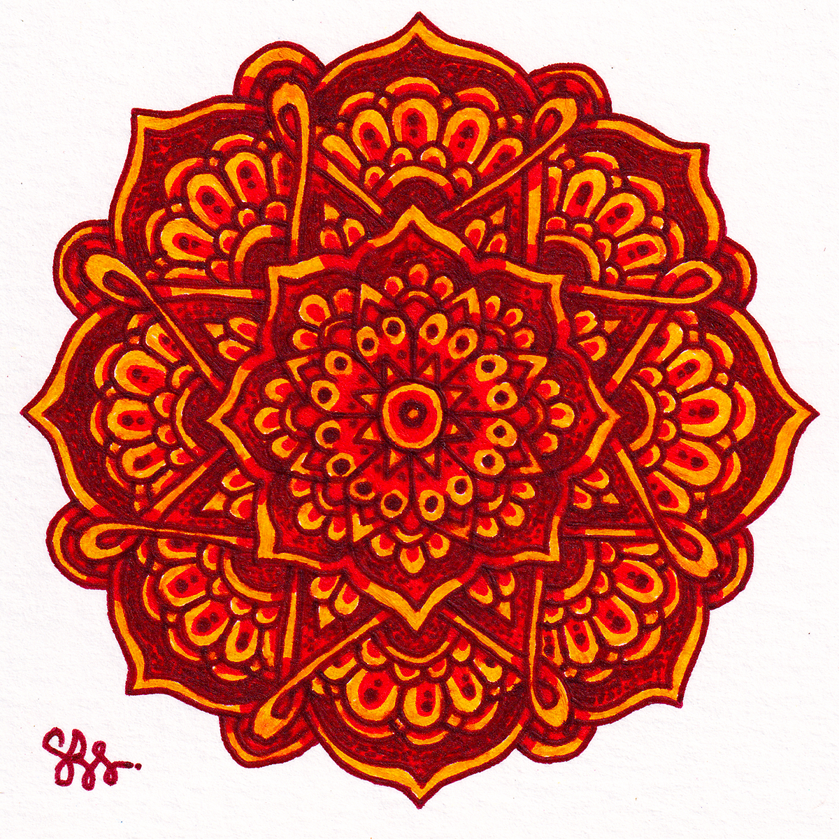 Red, orange, and yellow intricate mandala design on white background with a signature in the lower left corner.
