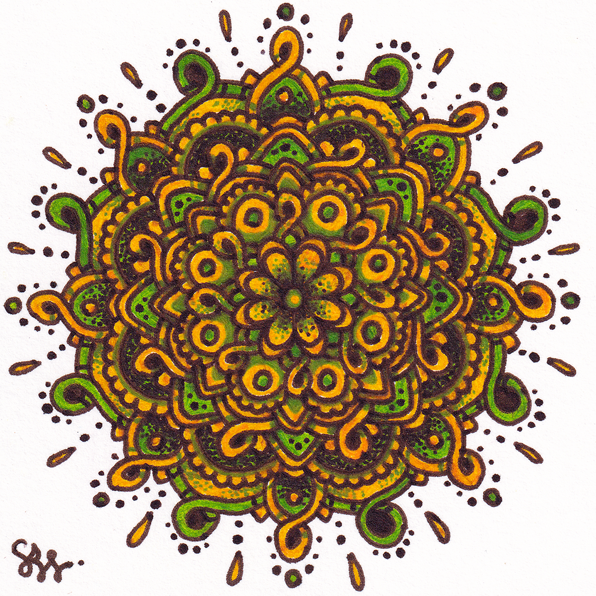 Intricate mandala pattern with green, orange, black, and yellow colors on white background.