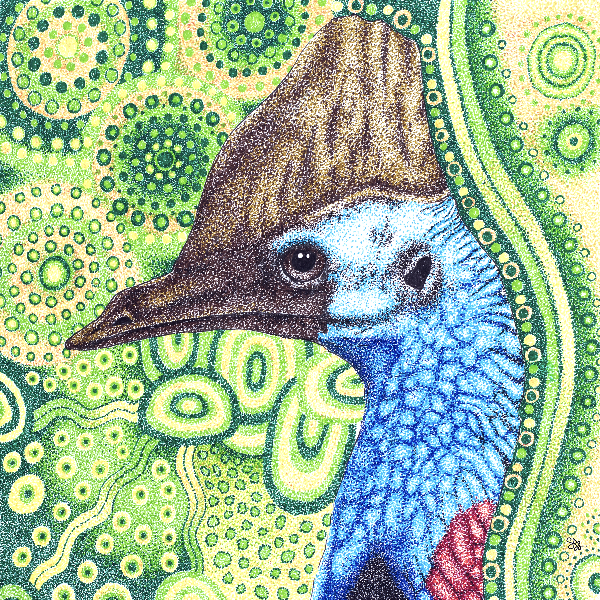 Pointillist painting of a dog with a background of swirling circular patterns in shades of green, yellow, and orange.