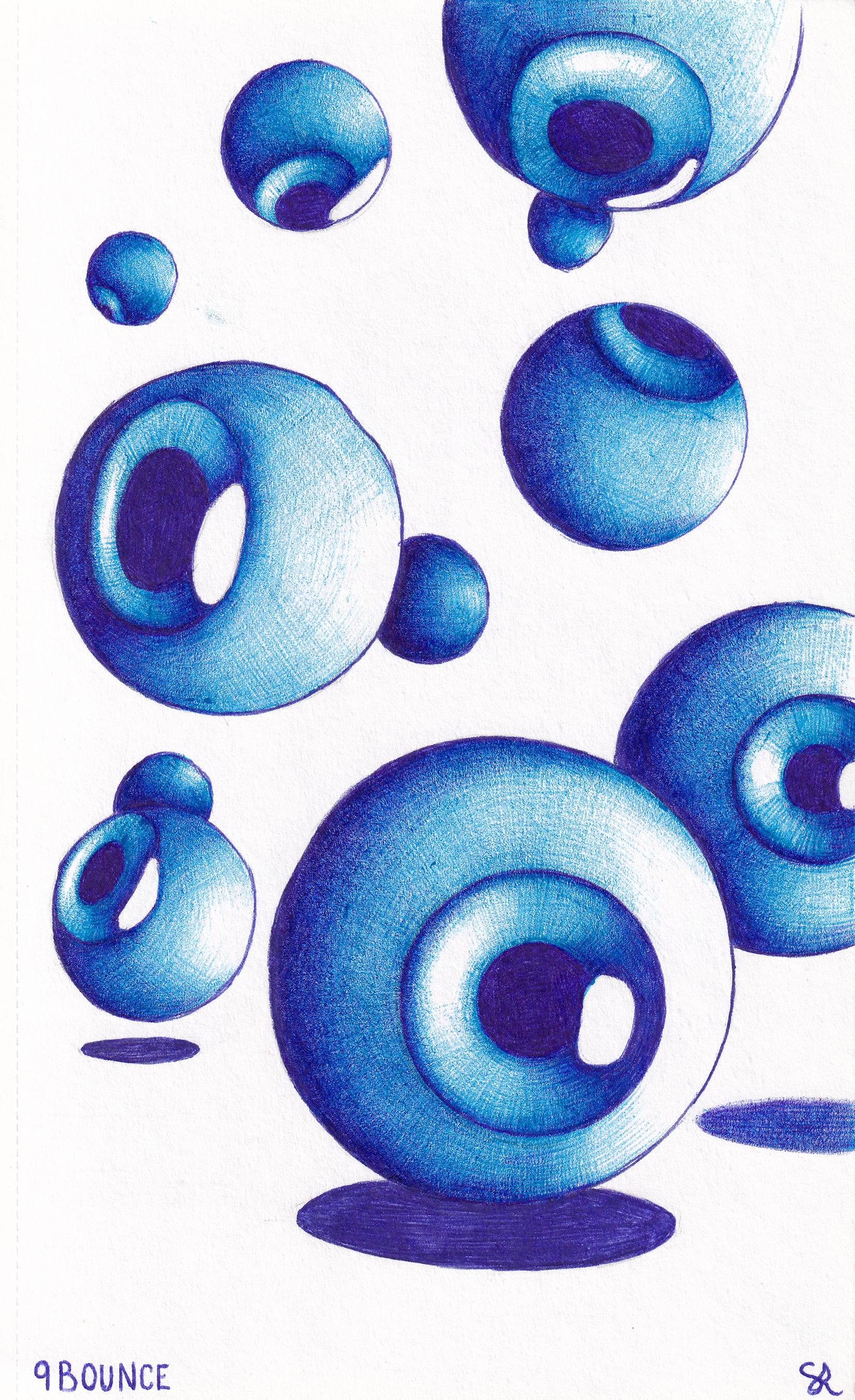 Sketch of blue bouncing balls with shadows, titled '9 Bounce' in the bottom left corner, signed with initials 'CL' in the bottom right corner.