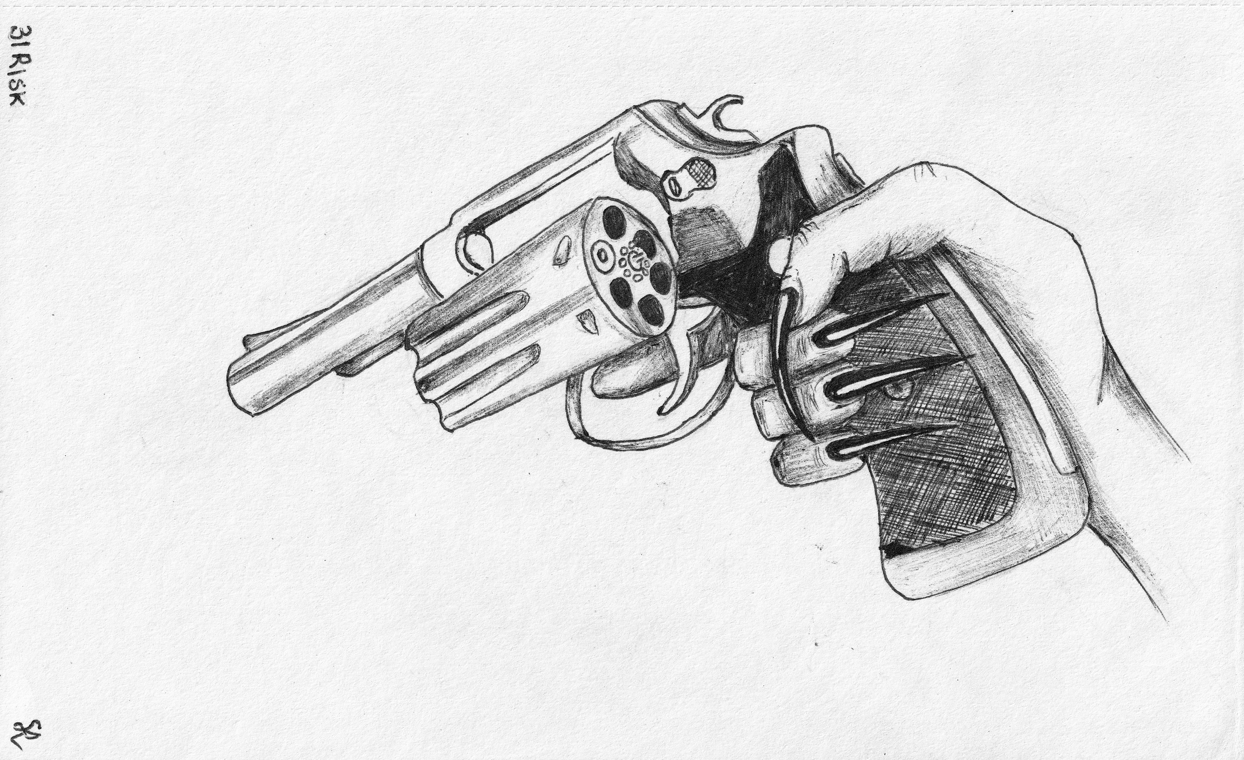 A black and white sketch of a human hand holding a revolver-style handgun, with detailed shading on the hand and gun.