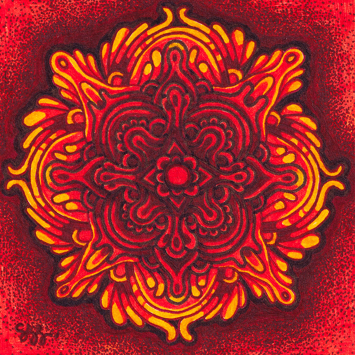 A vibrant red and yellow abstract mandala pattern with intricate swirling lines and shapes. 