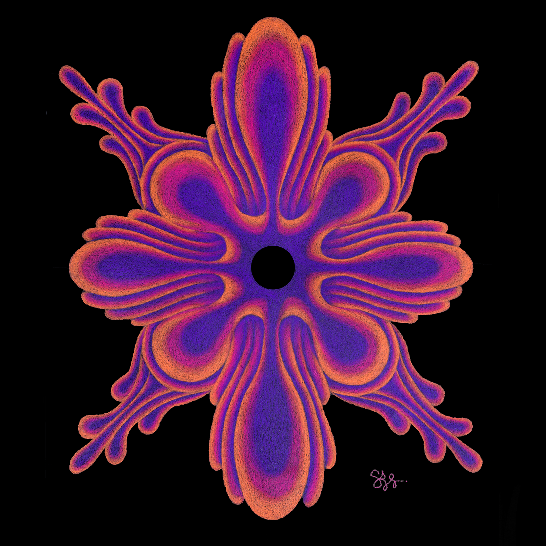 Colorful abstract design resembling a symmetrical floral pattern with vibrant pink, purple, and orange hues on a black background.