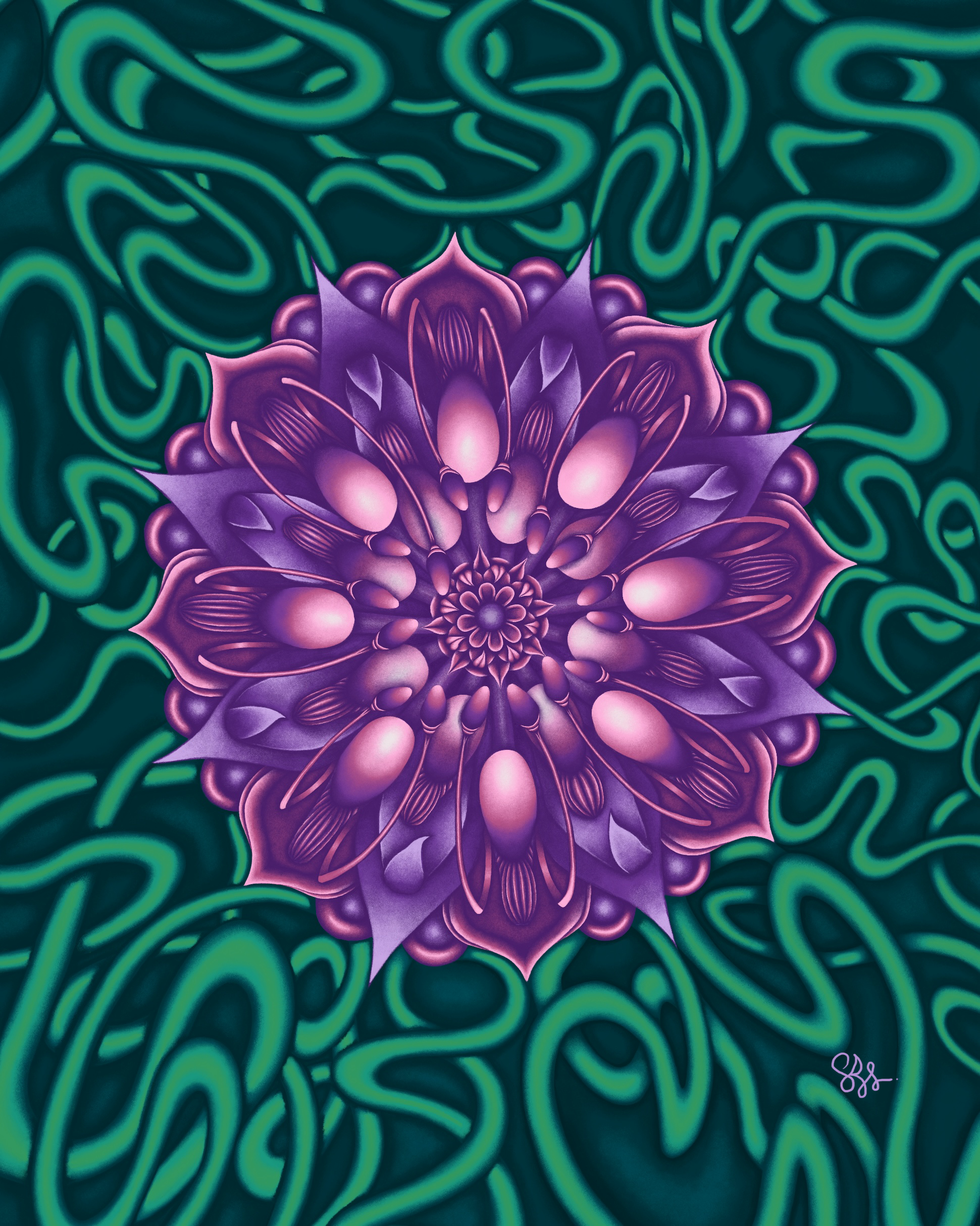 Digital artwork of a vibrant purple and pink flower with a swirling dark green background with bright green glowing lines.