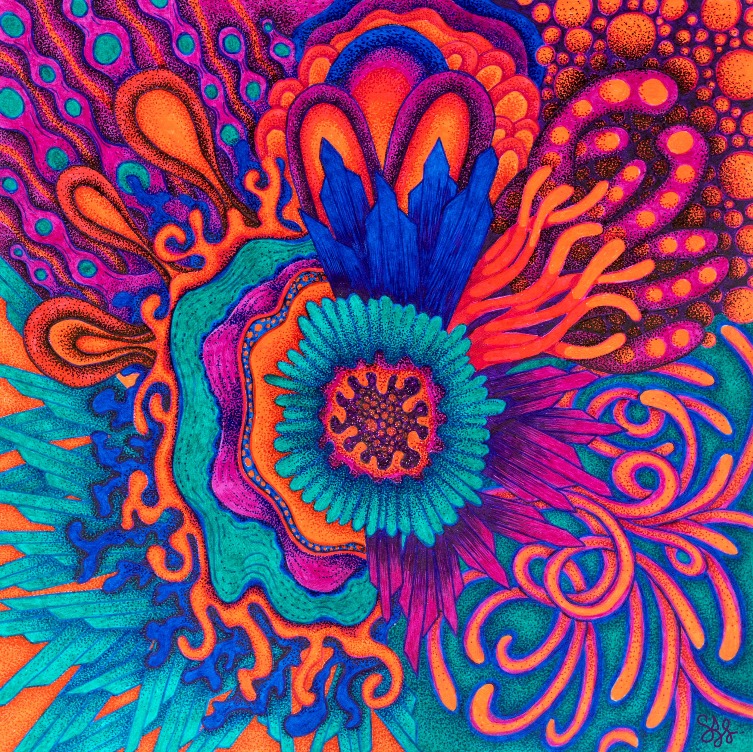 Colorful abstract art featuring a central blue and orange flower with surrounding intricate patterns in pink, orange, blue, and purple, created with vibrant colors and detailed dot work.