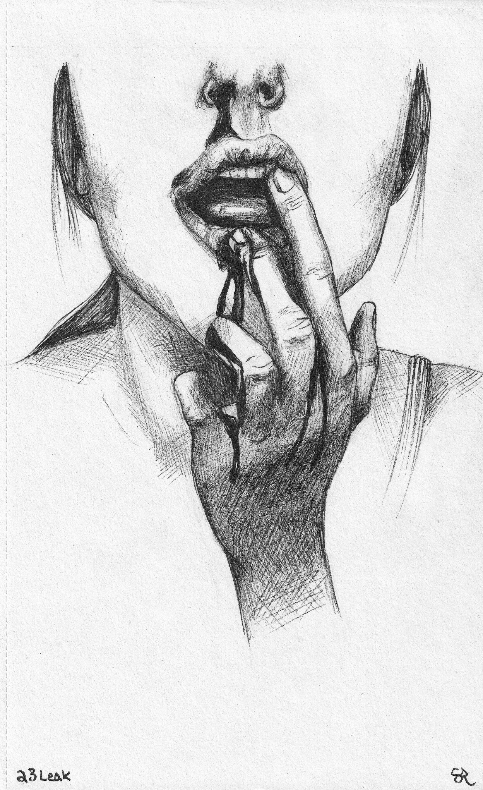 A black and white sketch of a woman with her finger on her lips, suggesting silence.