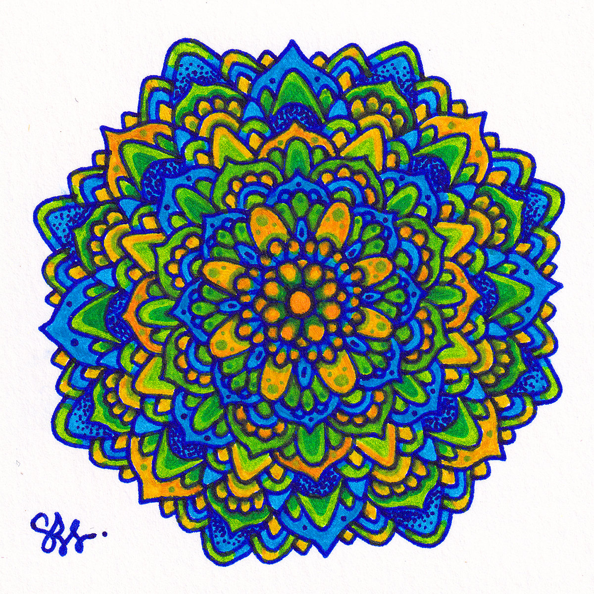 Colorful mandala with intricate geometric patterns in blue, green, and yellow on white background.