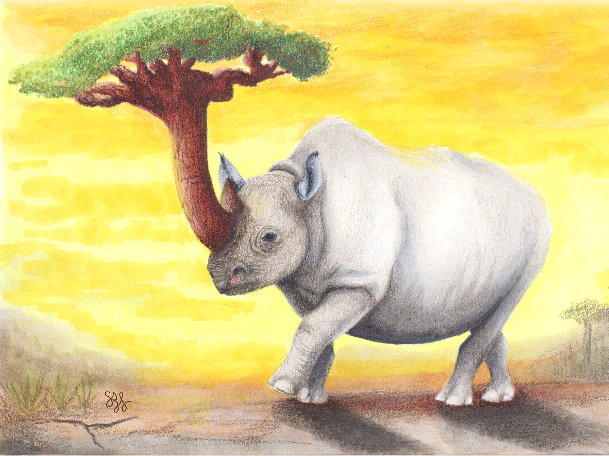 Watercolor painting of a baby rhinoceros standing next to a tree with green leaves under a yellow sky.