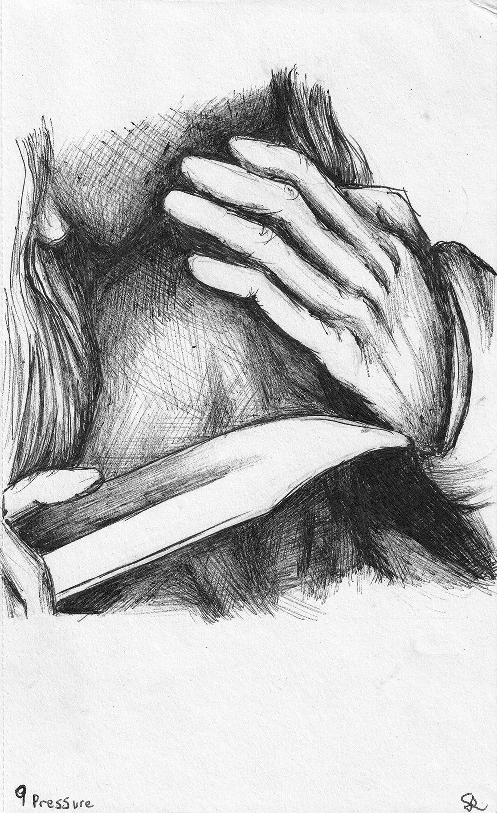 A black and white sketch of a person with their torso and neck visible, with two hands pressing on their shoulders and neck area, labeled '9 pressure' in the bottom left corner.