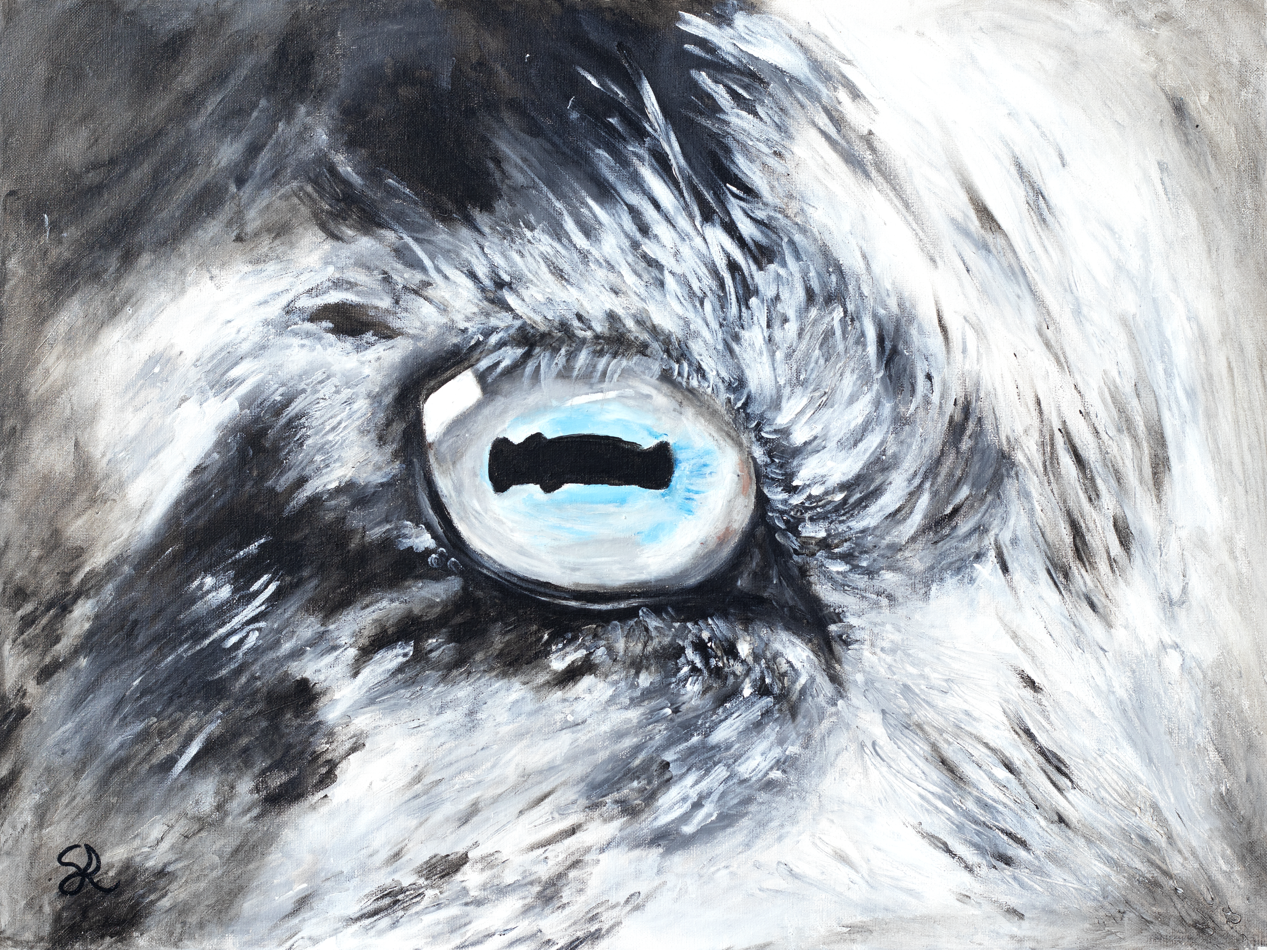 Abstract black and white painting with swirling brushstrokes and a small blue circular area near the bottom center.