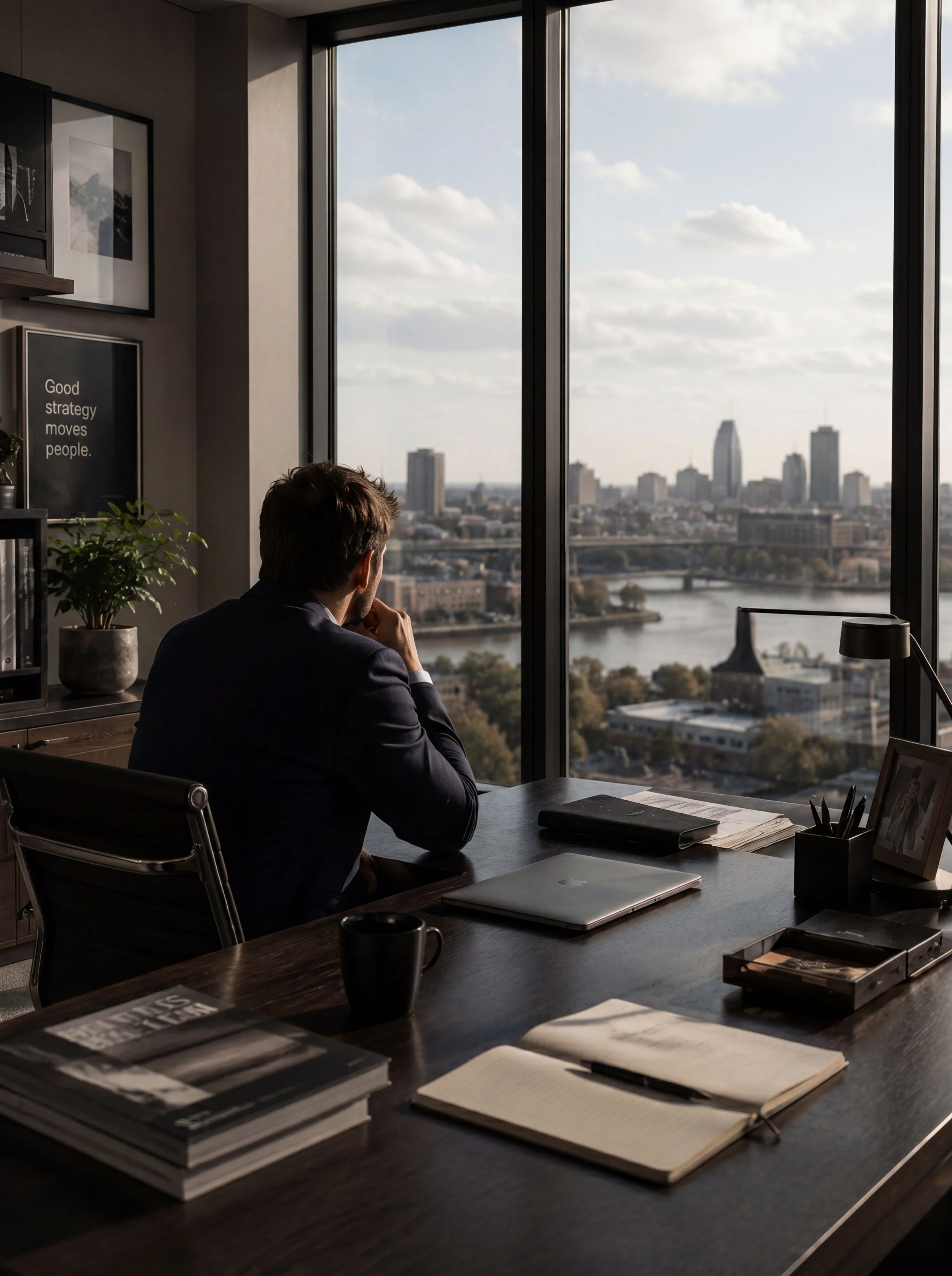 A man sits alone at a desk overlooking a city skyline and river through floor-to-ceiling windows, a framed sign reading 'Good strategy moves people' on the wall beside him.