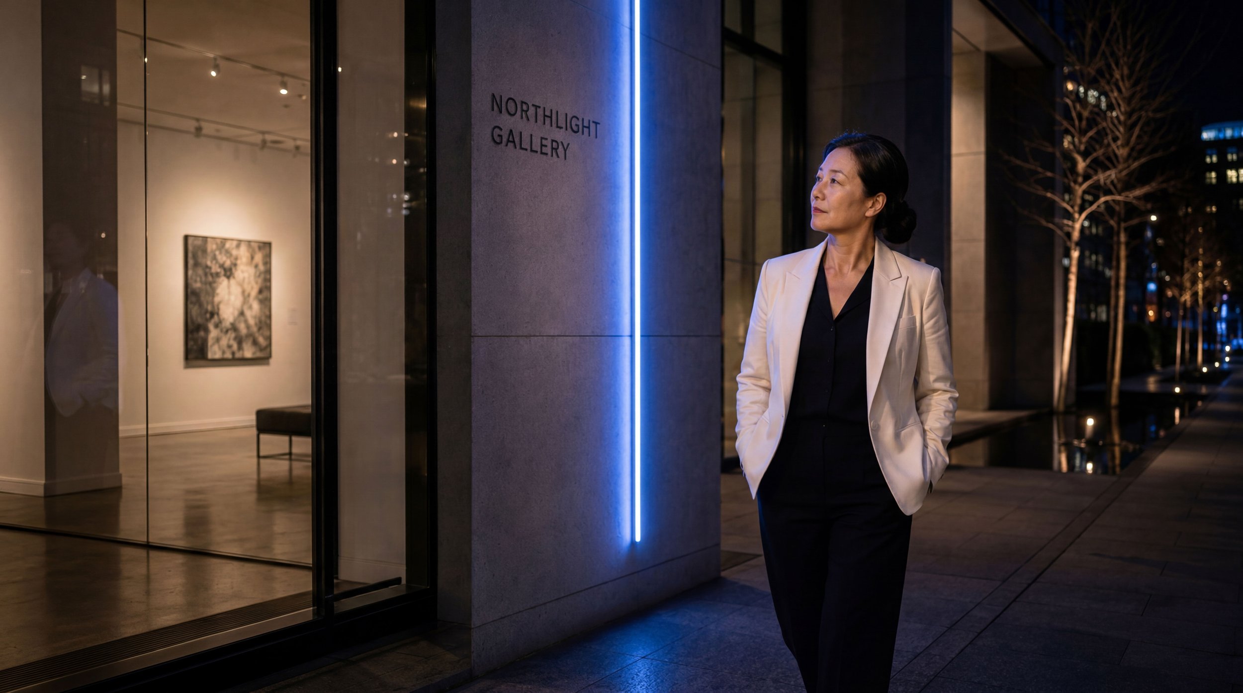 Alt text: "A woman in a white blazer walks past the illuminated Northlight Gallery entrance at night, a blue light line tracing the doorway beside artwork visible through the glass.