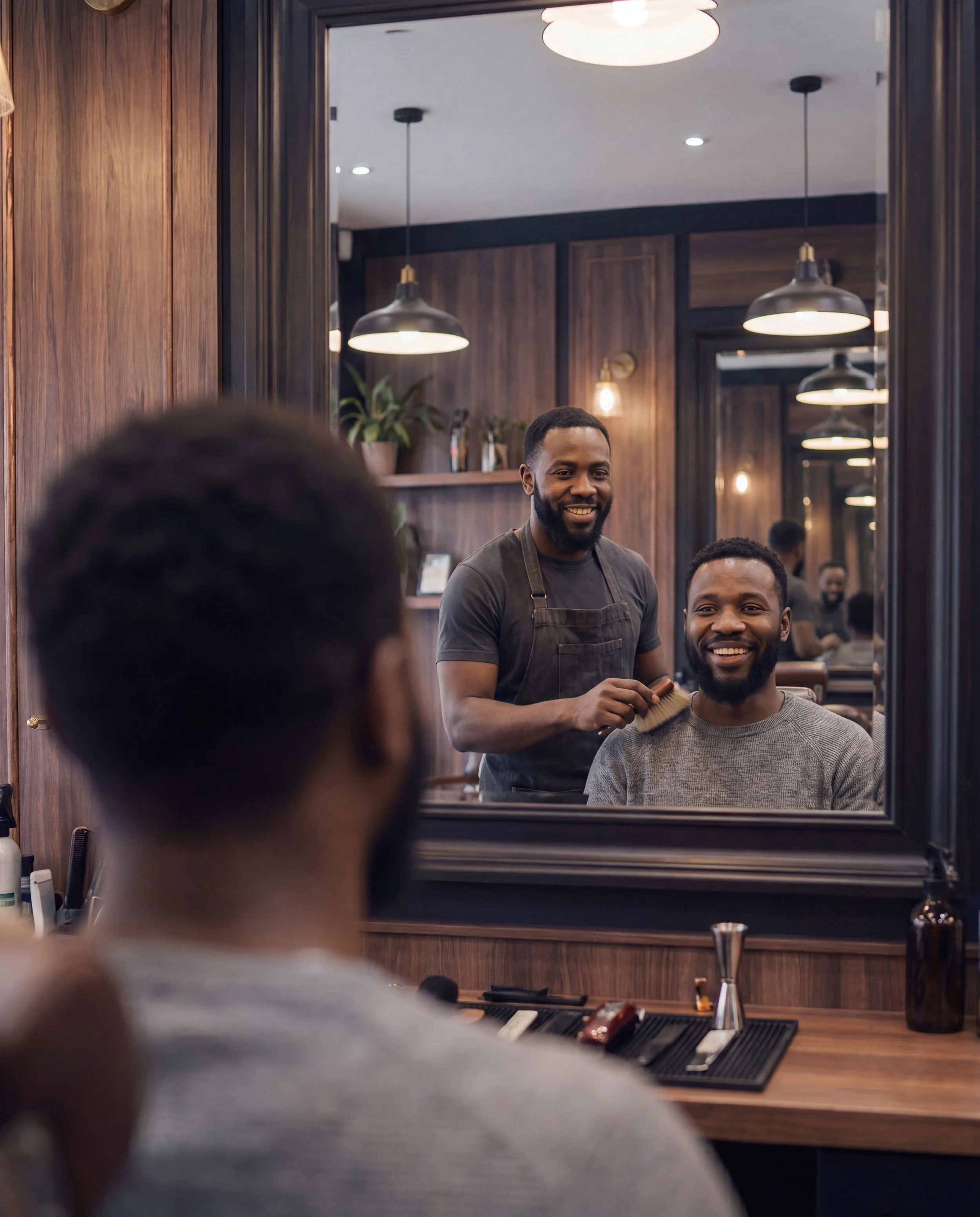 A barber and his client both smile at their reflection in the mirror, the client seated in the chair as the barber brushes off his shoulder after a fresh cut.