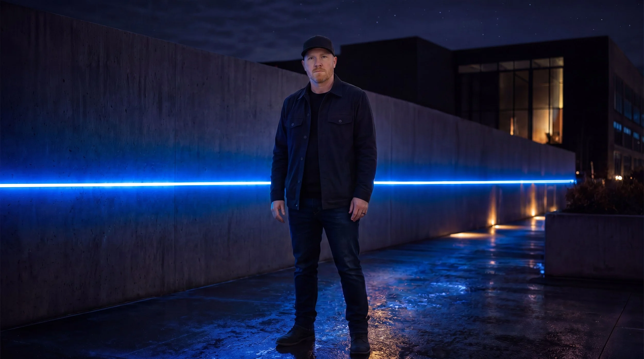 Image 1 (Jeremy reveal): "A man stands facing forward beside a raw concrete wall at night, a horizontal blue light line running the length of the wall behind him.