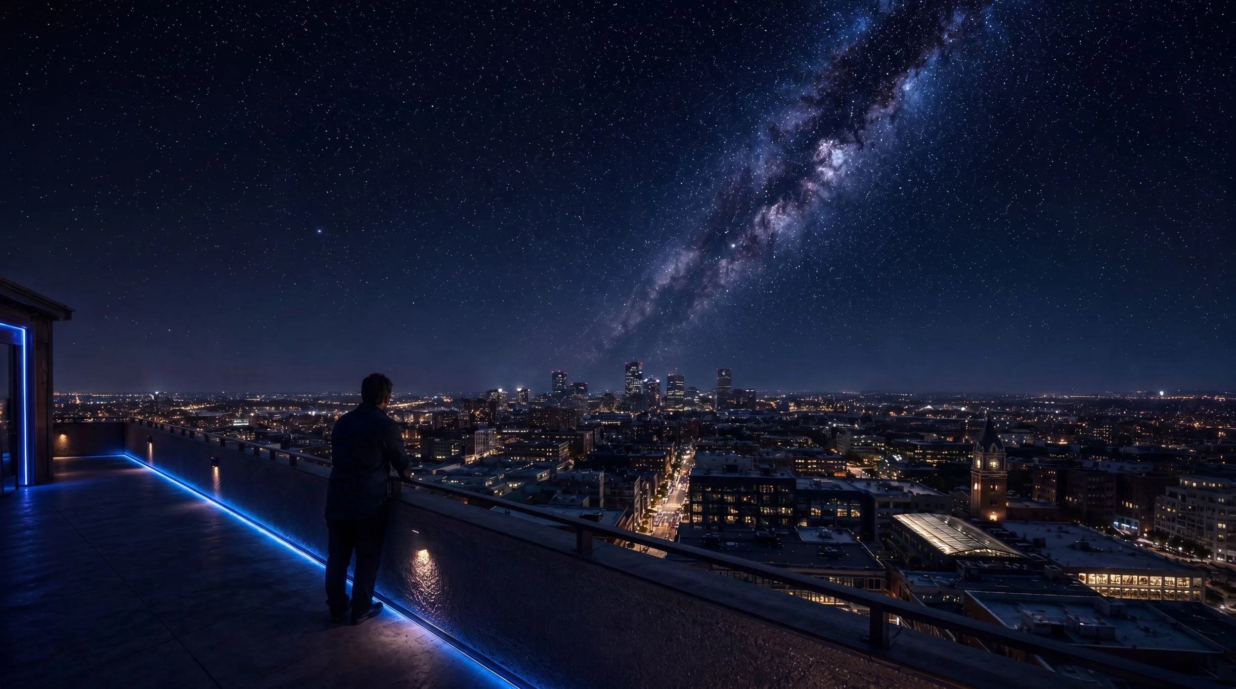Alt text: "A man stands at a rooftop edge overlooking a lit city skyline at night, a blue light line tracing the ledge beside him beneath a sky full of stars and a visible Milky Way.