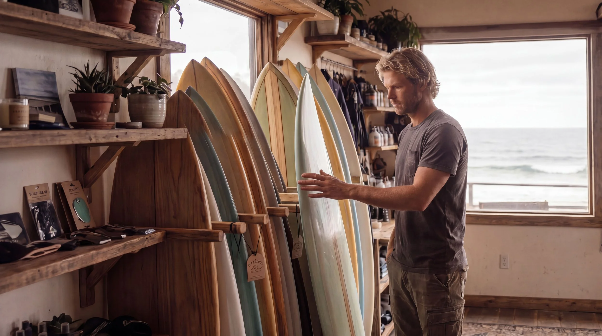 The surf shop owner runs his hand along a row of surfboards displayed against a window, wetsuits and gear on shelves nearby with the ocean visible outside.