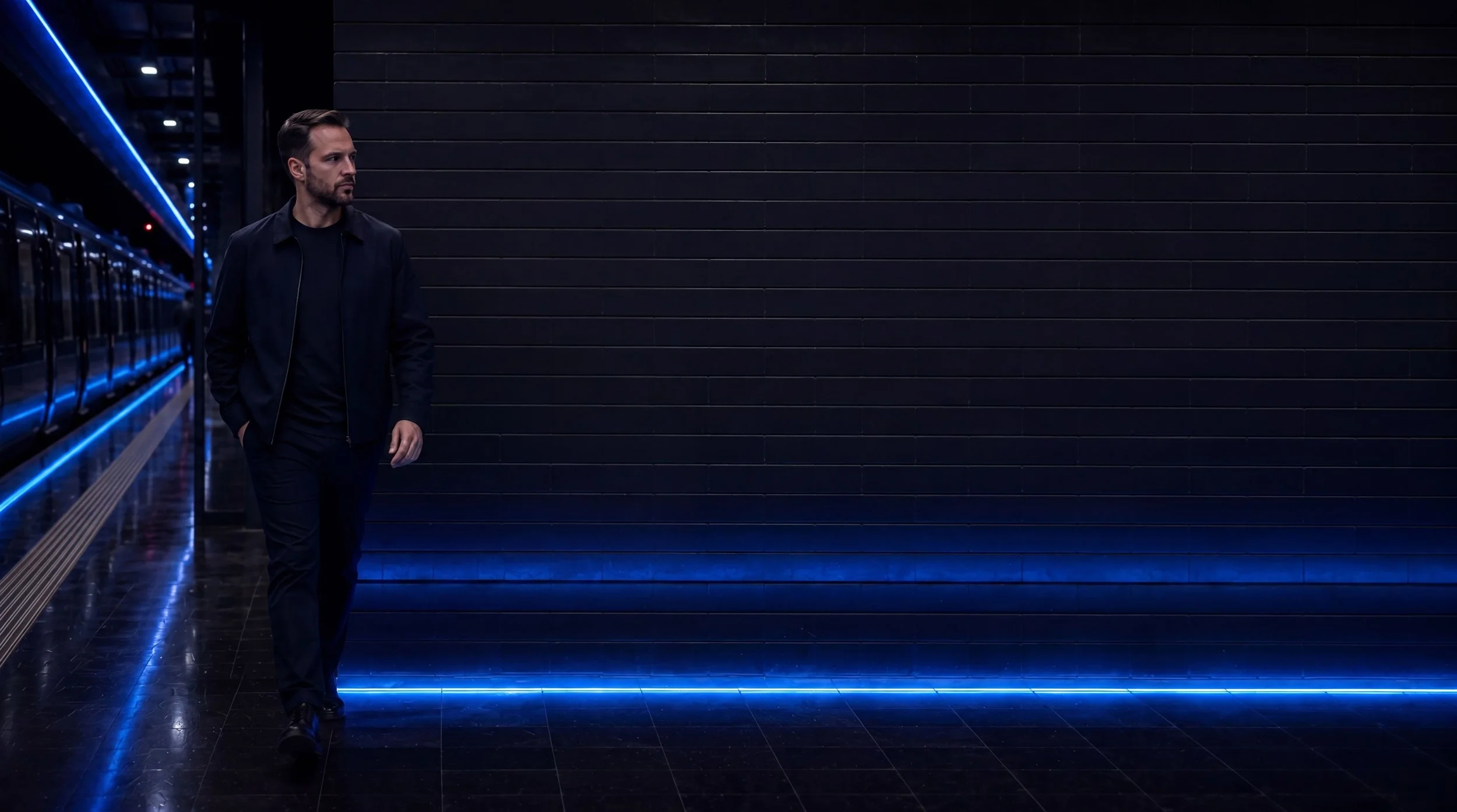 A man walks with purpose along a dark tiled platform beside a horizontal blue light line, a train waiting on the track behind him.