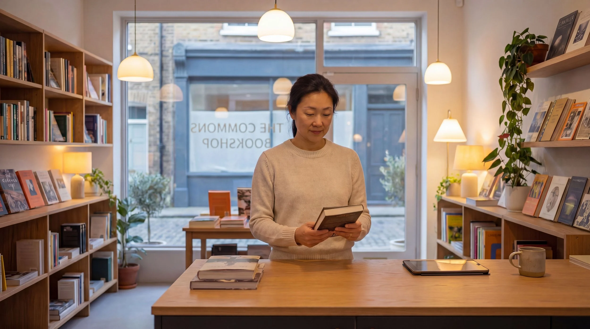 A woman reads a book at the counter of The Commons Bookshop, shelves of titles on both sides and the shop's name visible on the window behind her.