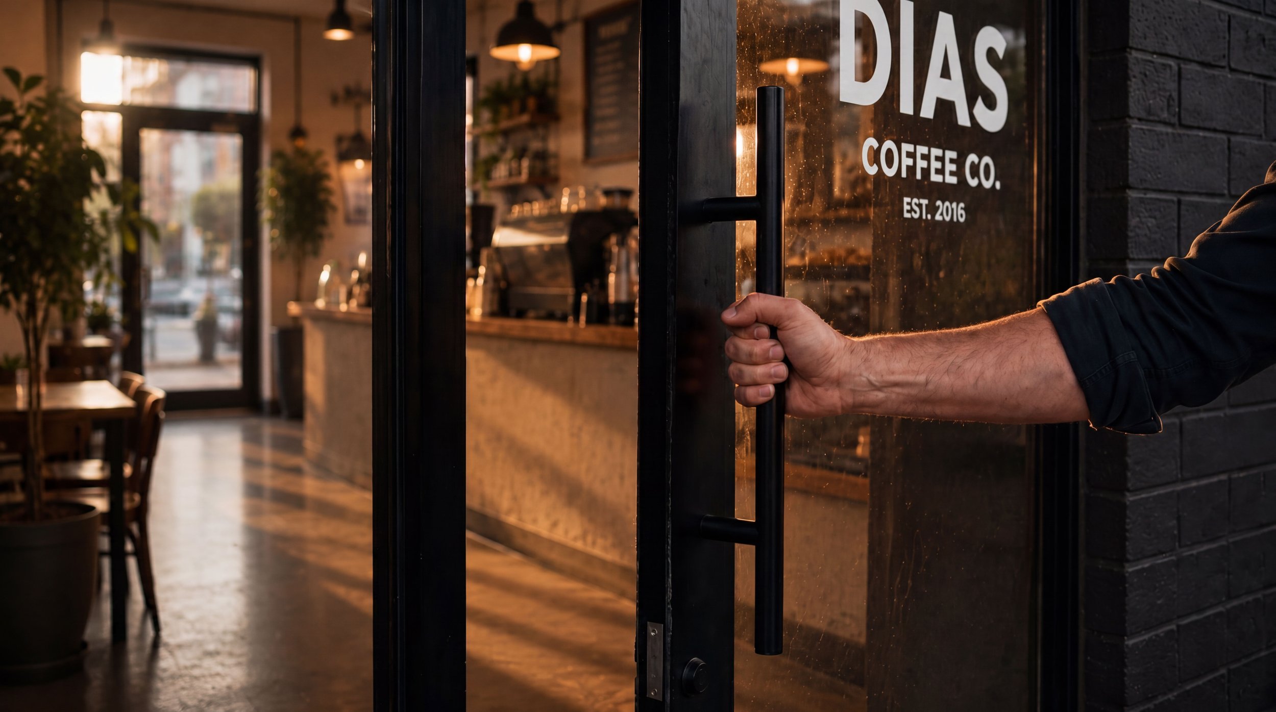 A hand pulls open the door of Dias Coffee Co., the shop's name and 'Est. 2016' lettered on the glass, with the counter and shelving warmly lit inside.