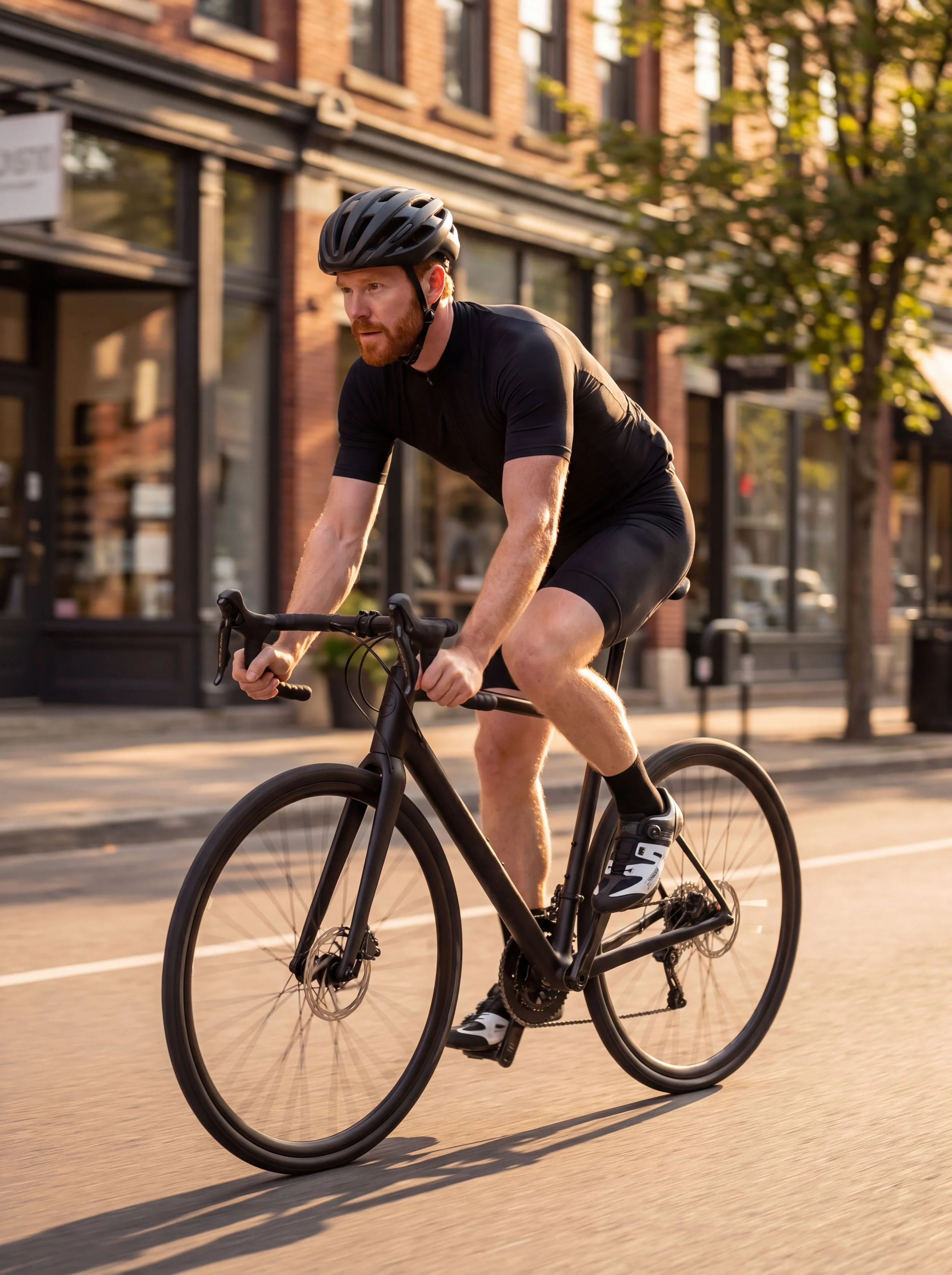 A bearded cyclist in black riding gear pedals a matte black road bike down a city street lined with brick storefronts.