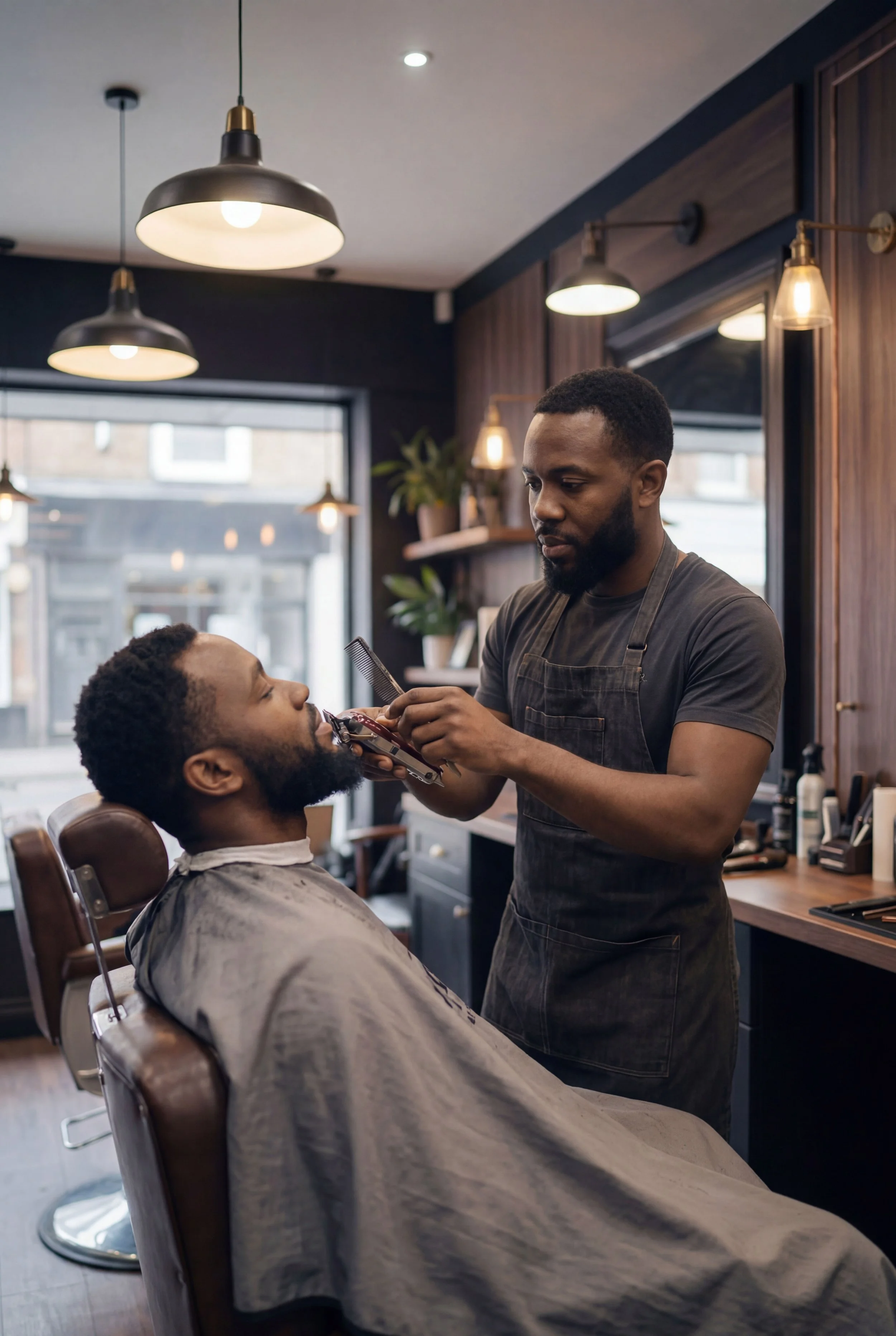 A barbershop owner trims a seated client's beard with clippers, warm pendant lighting and shop shelving visible around them.