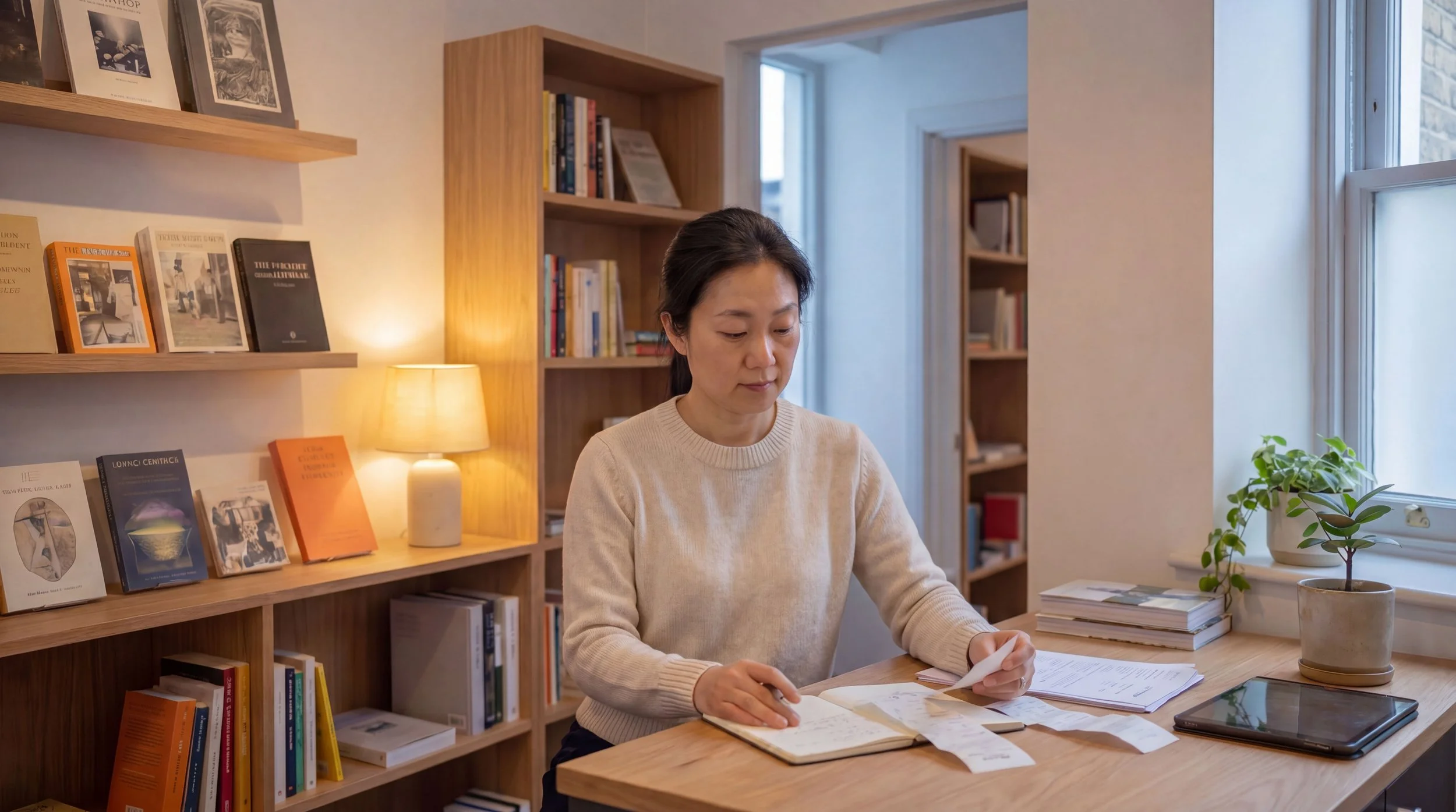 The bookstore owner writes in a notebook at a desk covered with receipts and papers, bookshelves and a window with potted plants behind her.