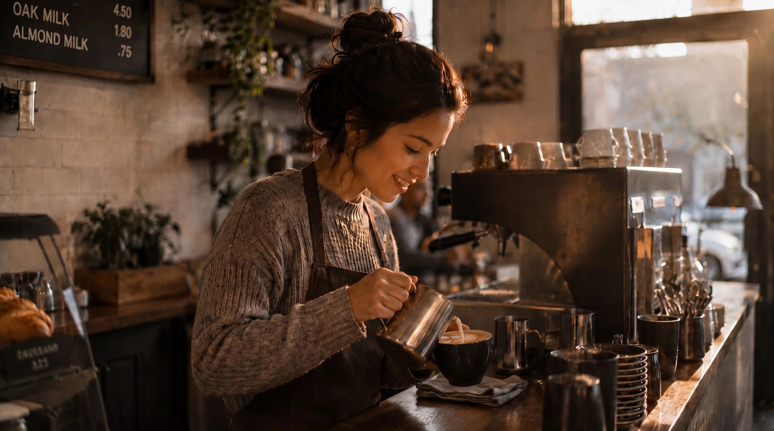 A barista smiles while pouring steamed milk into a cup at the counter, a menu board listing oak and almond milk prices visible on the wall behind her.
