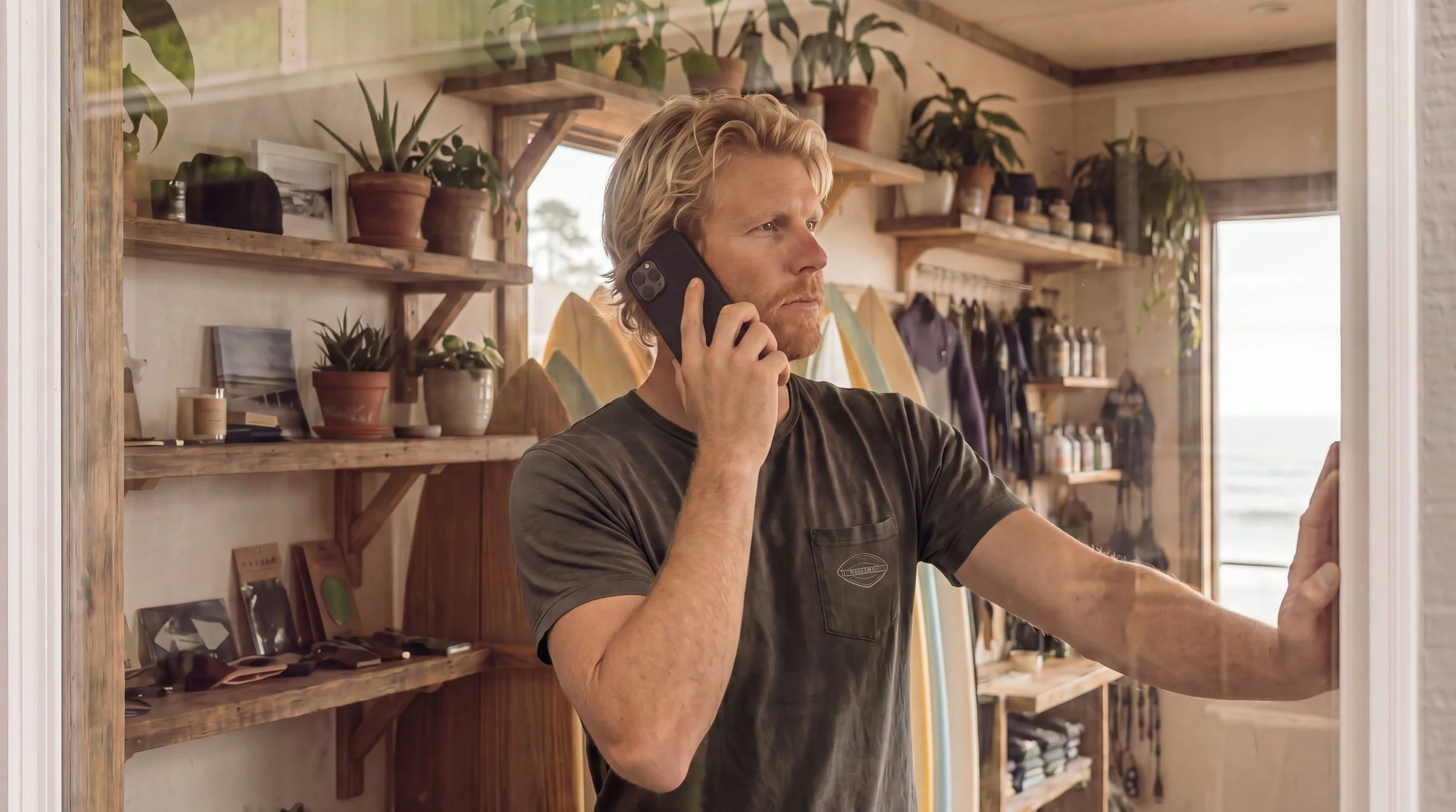 The surf shop owner talks on the phone inside his shop, surfboards and hanging wetsuits visible on the shelves behind him, no customers in frame.