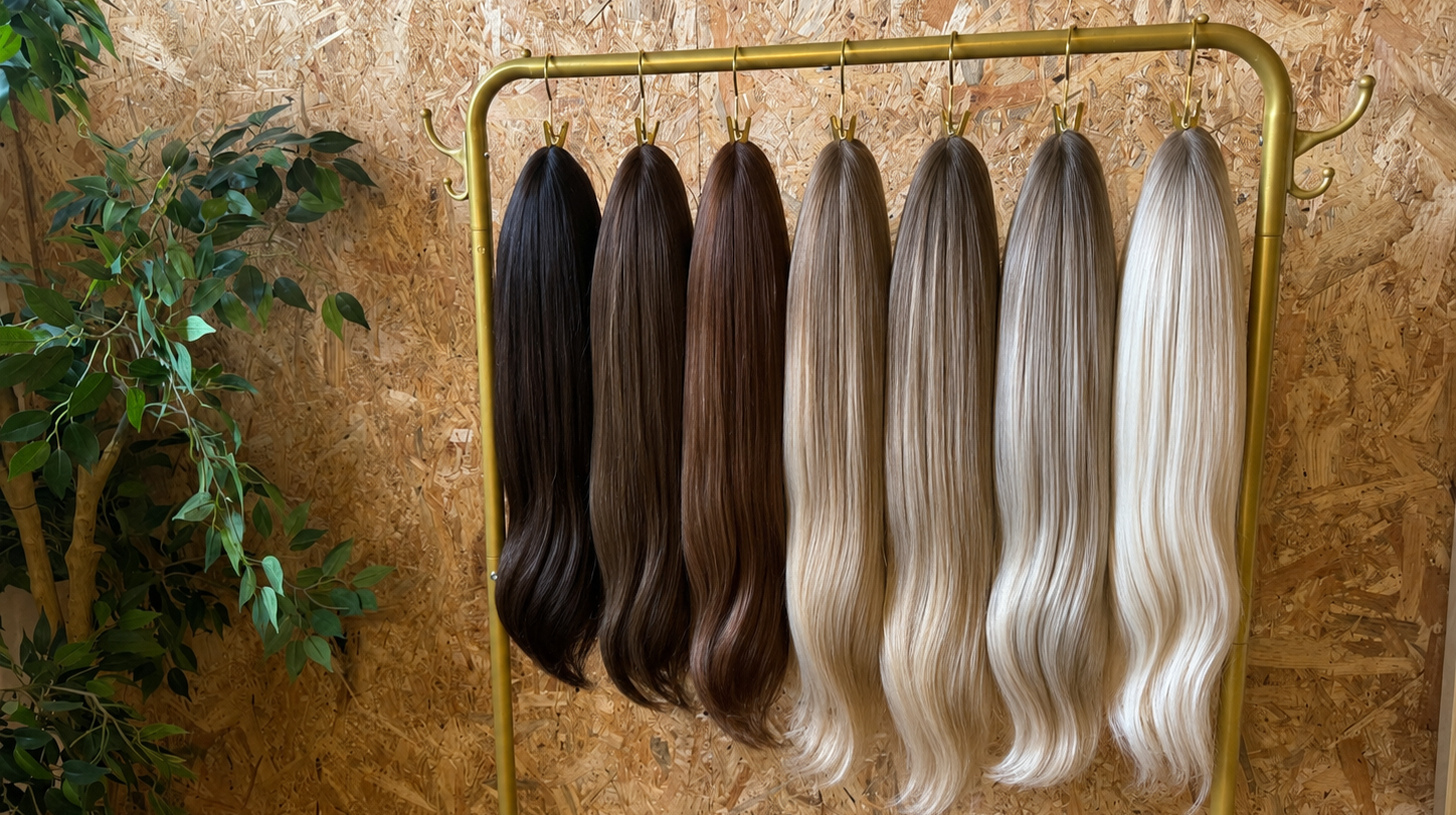 blonde, brunette and balayage wigs hanging on rack