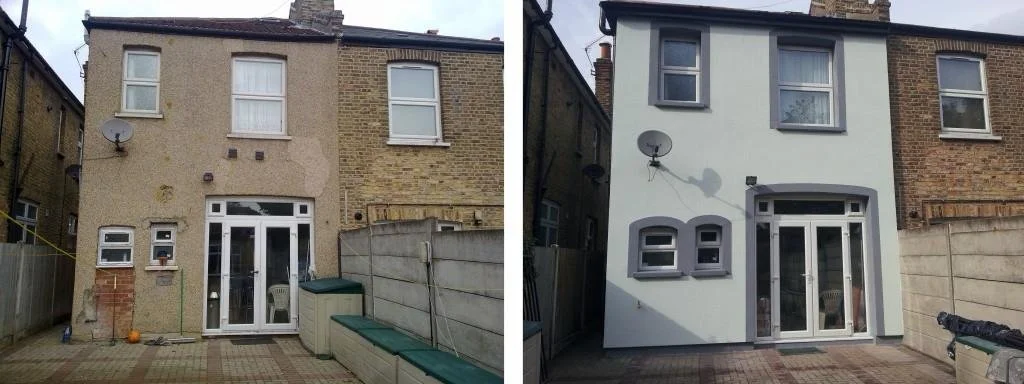 Side-by-side before and after photos of the back of a house. The left shows the house with a beige wall, small windows, and outdoor furniture. The right shows the same house after renovation with a new gray exterior, larger windows, and updated outdo