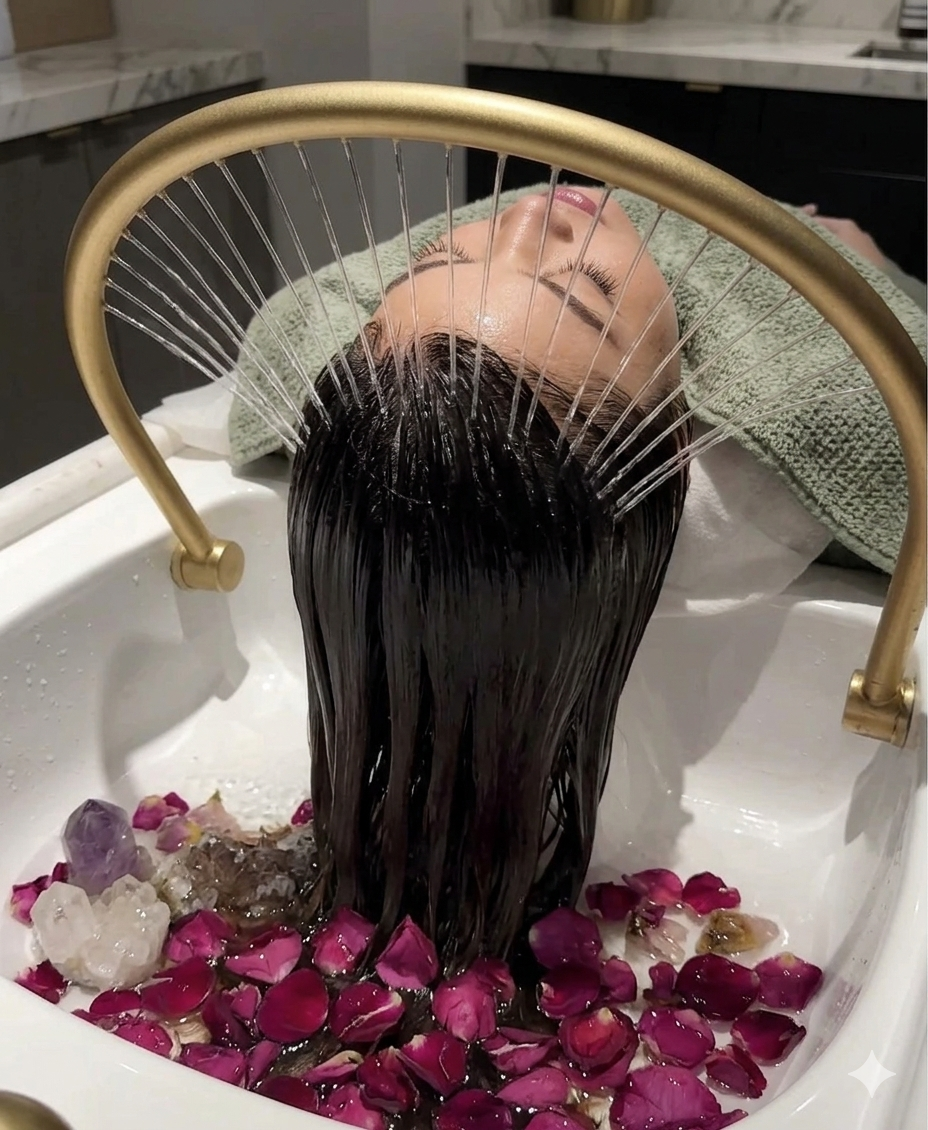 A person receiving a hair treatment with their head in a spa-like basin filled with flower petals and water, with water flowing from a spout onto their hair.