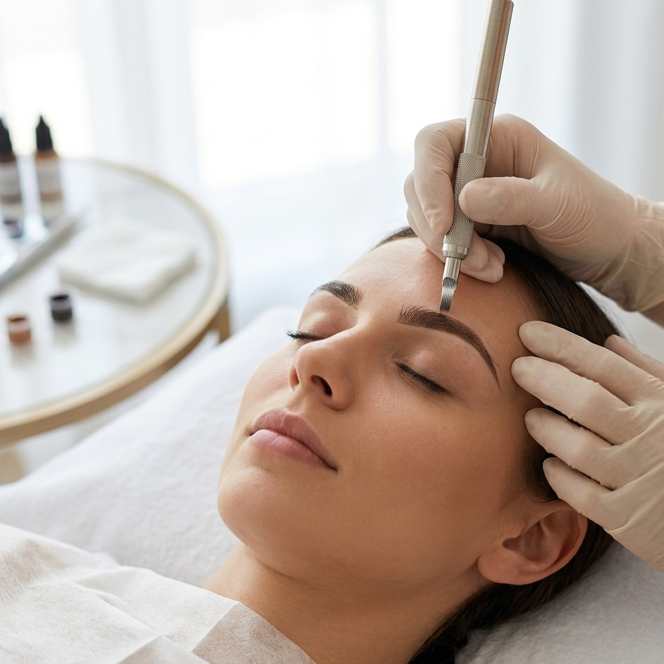 A woman receiving a cosmetic tattoo procedure on her eyebrows in a clinical setting.