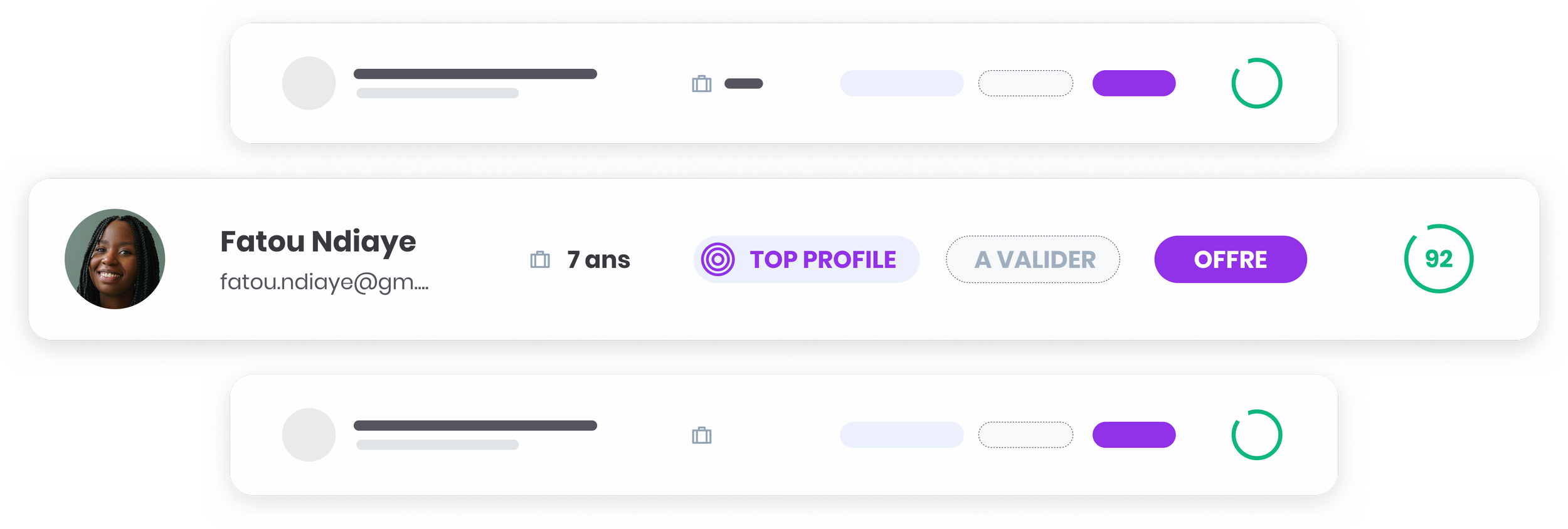 Screenshots of user profile cards displaying name, age, email, profile status, and various status indicators with purple and green accents.