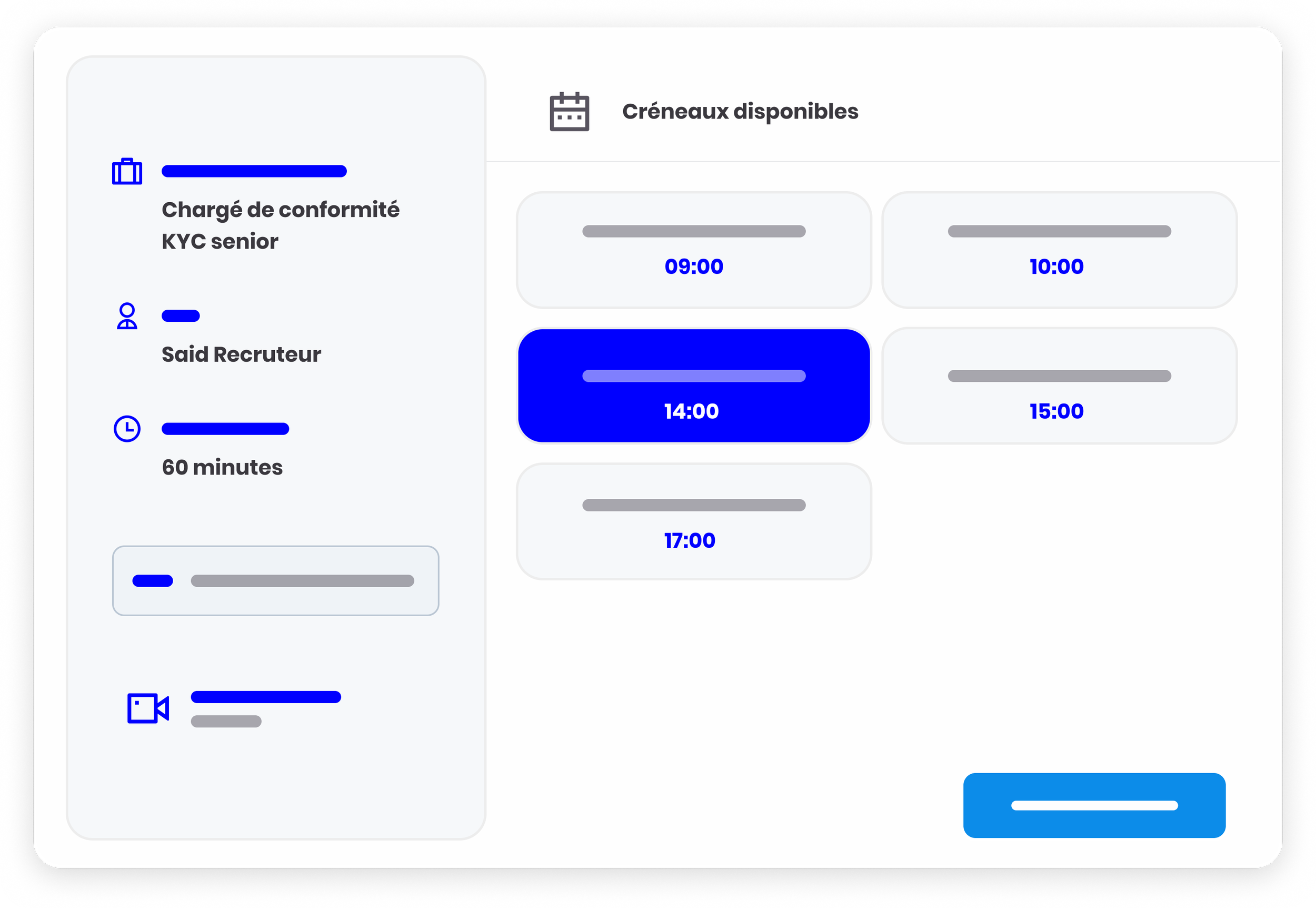 Screen showing a scheduling interface for a senior KYC compliance officer, with available time slots on a calendar from 9:00 a.m. to 5:00 p.m., highlighted time slot at 2:00 p.m., and icons indicating a person, a clock, and a video camera.