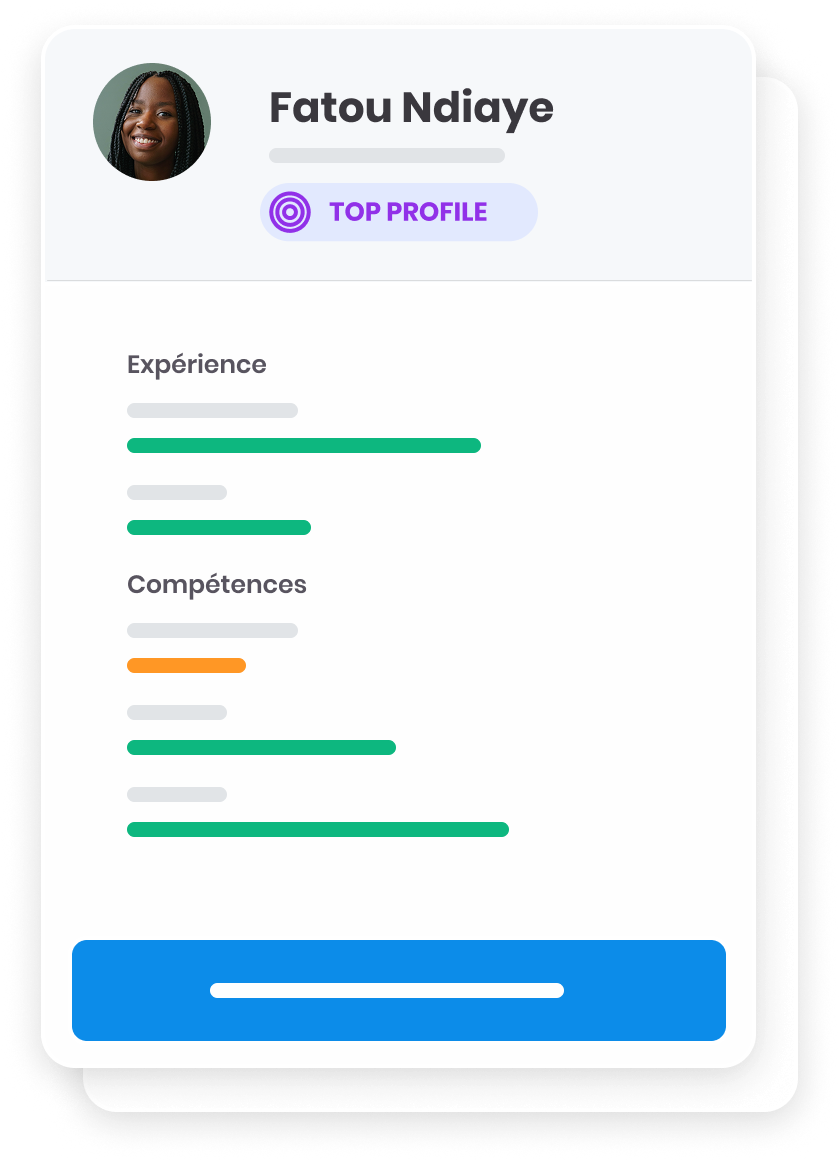 Profile card displaying a woman named Fatou Ndiaye with a profile picture, labeled 'Top Profile,' and sections for experience and skills with colored bars indicating levels.