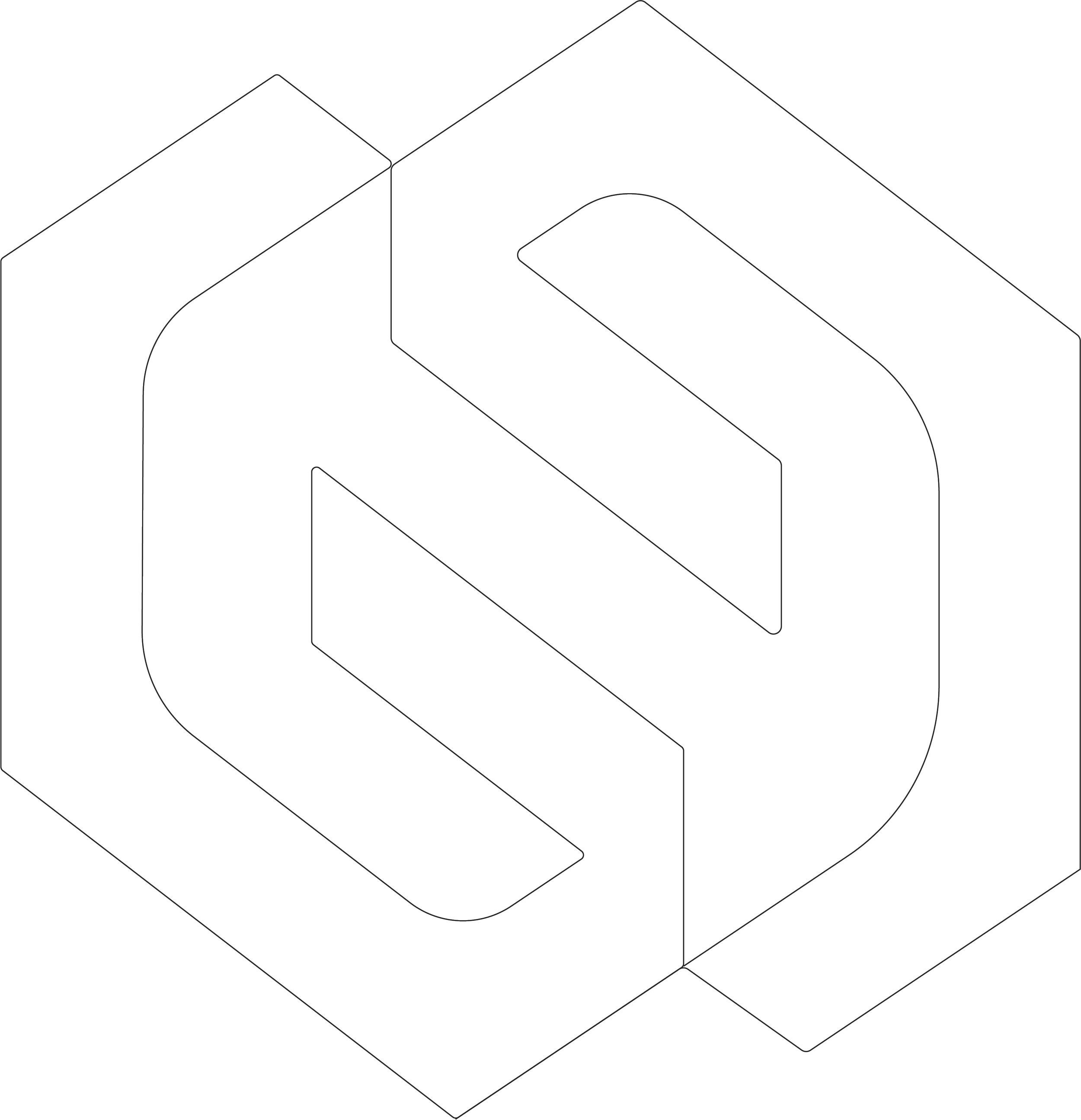 An isometric line drawing of a black 3D cube with an abstract design inside.