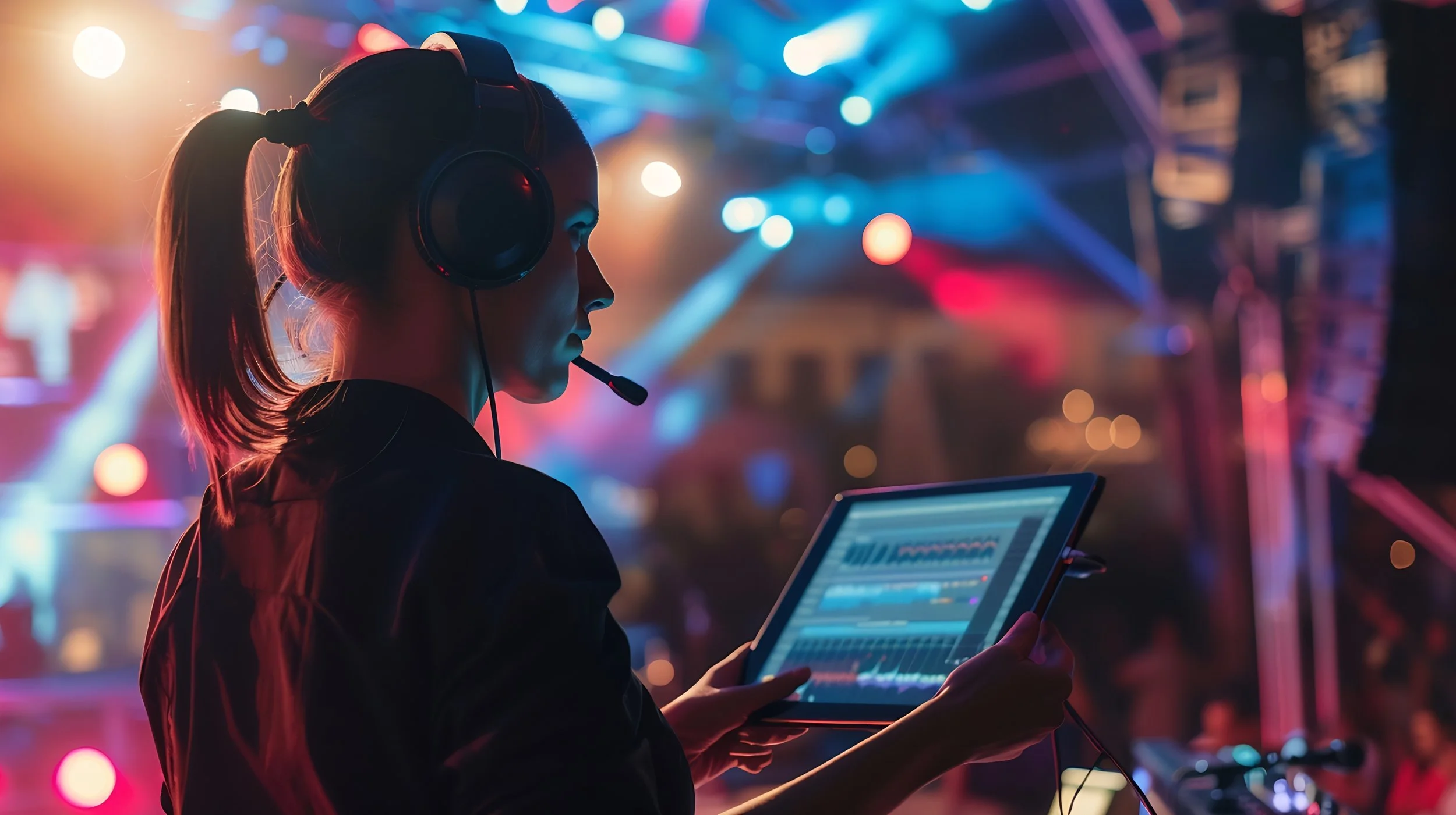 Silhouette of a female DJ wearing headphones and holding a tablet at a music event with colorful stage lights in the background.
