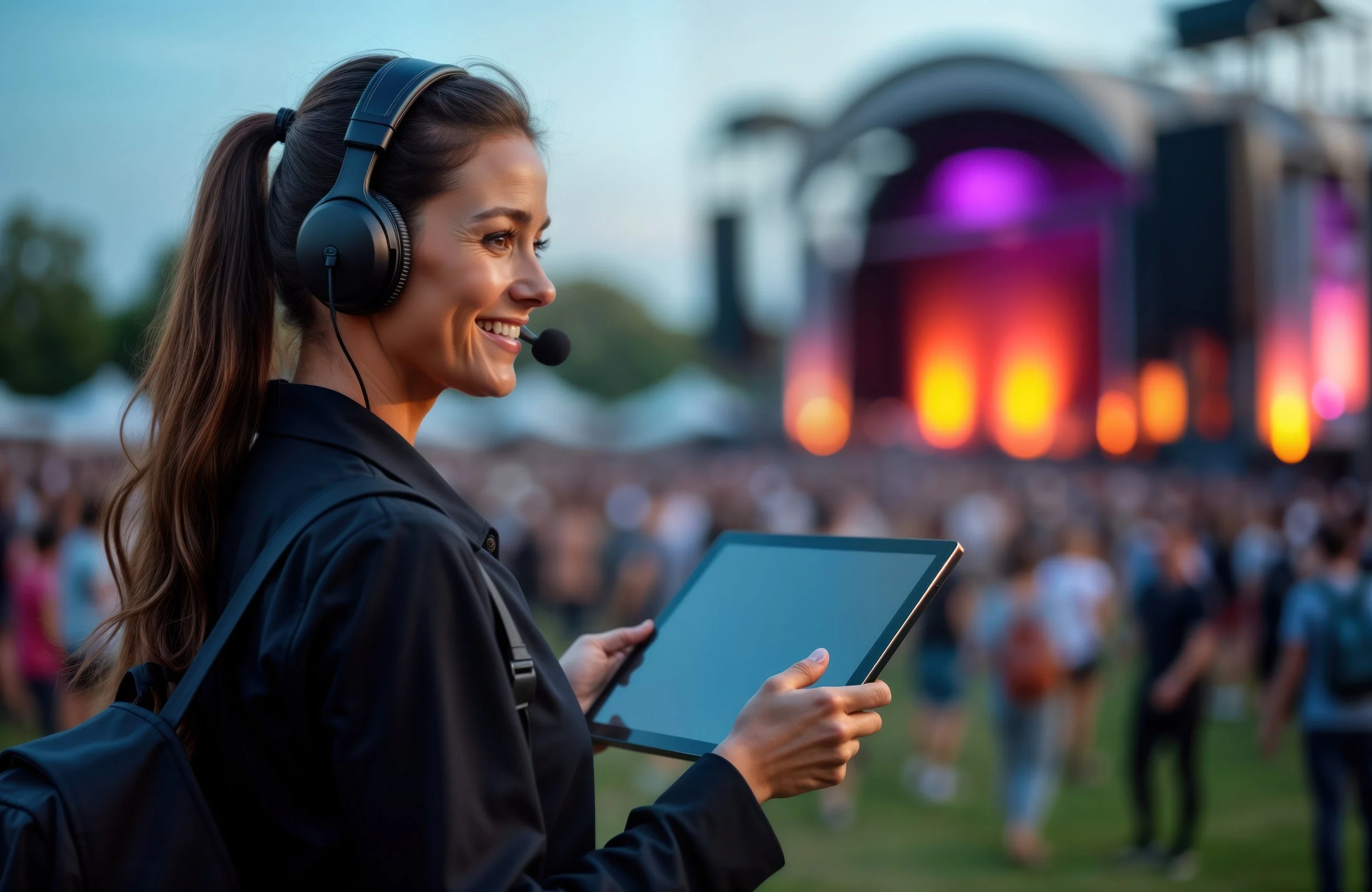 A woman with long hair wearing headphones with a microphone, holding a tablet and smiling, standing outdoors at an event with colorful stage lights and a crowd in the background.