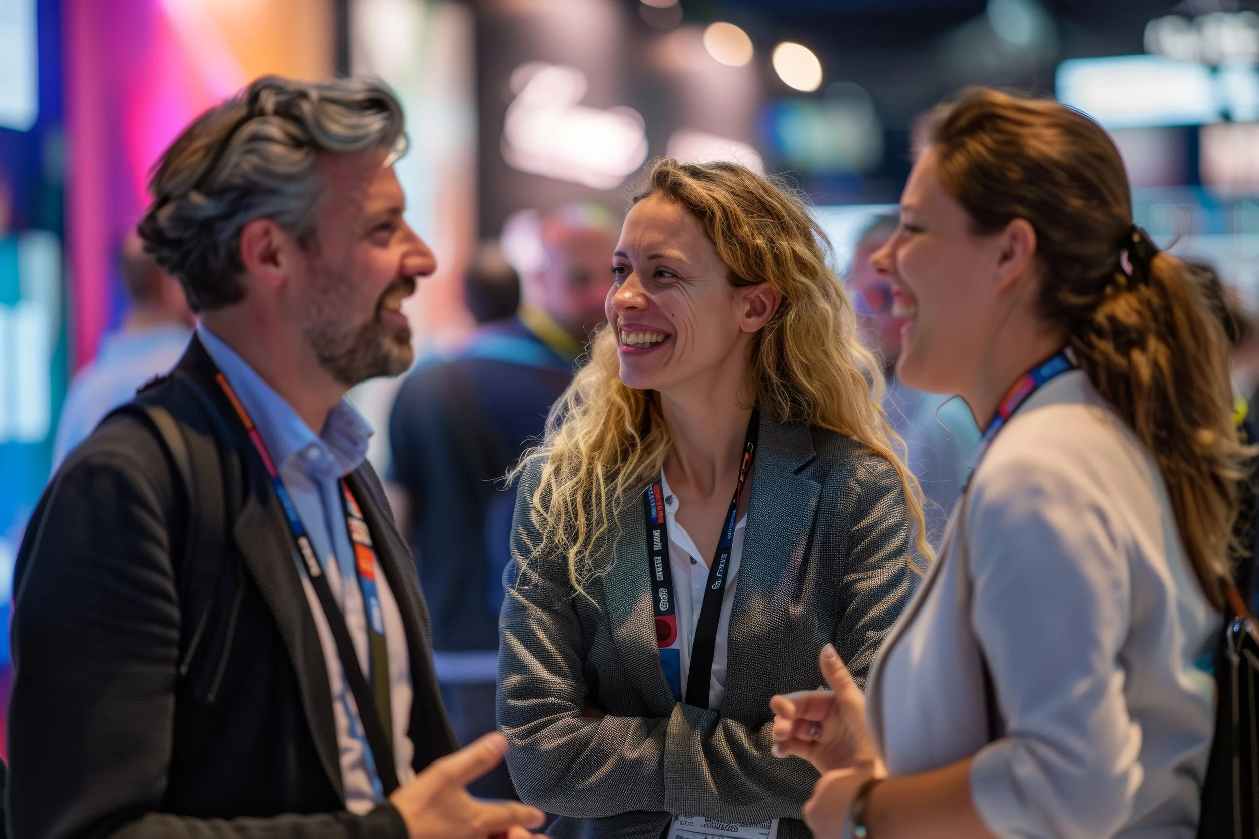 Business individuals chat together at an exhibition booth or conference