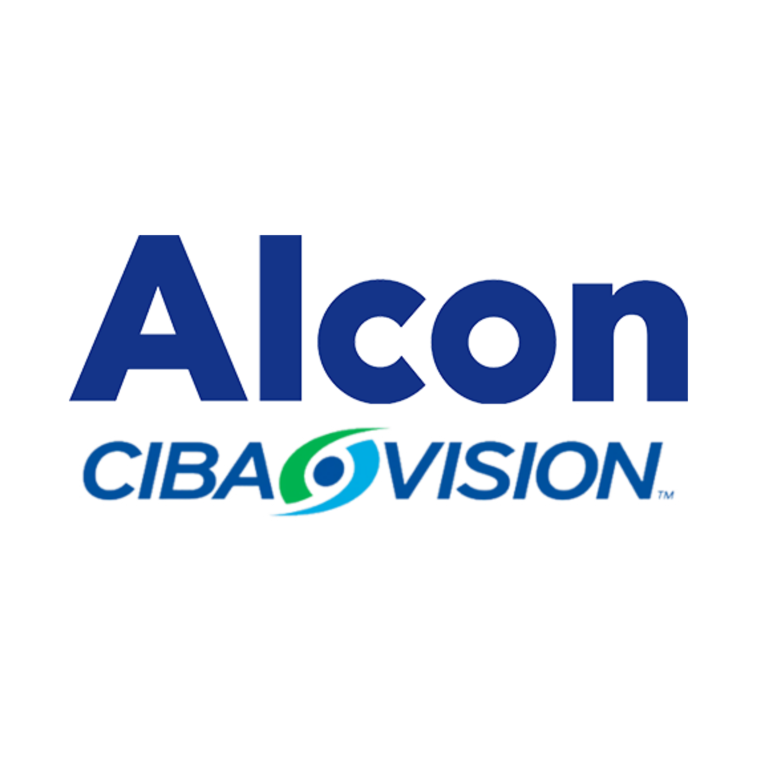 Close-up of a logo with the word "Alcon" in bold blue letters and the word "CIBA Vision" visible underneath.