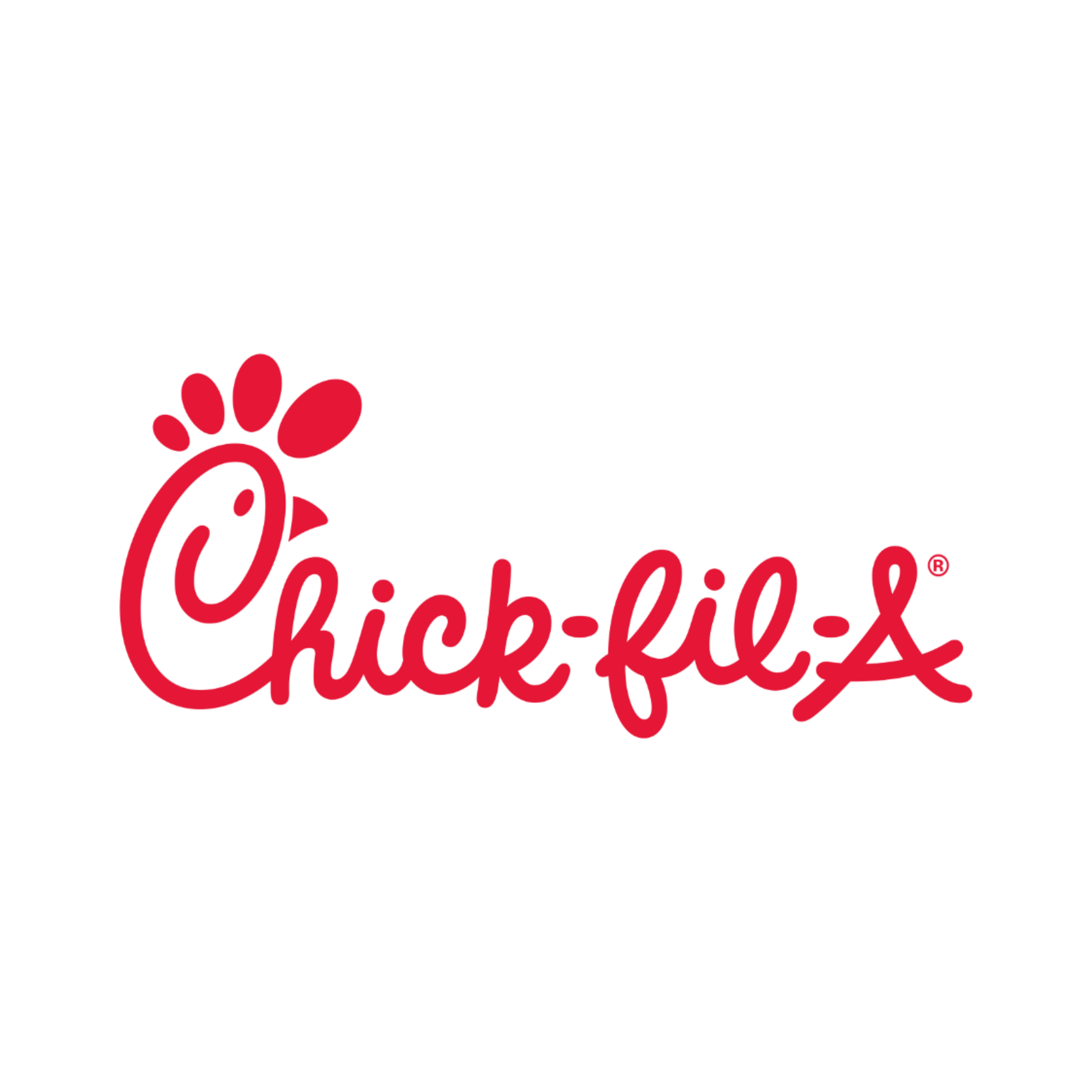 Chick-fil-A logo with red text and a red chicken silhouette on a black background.