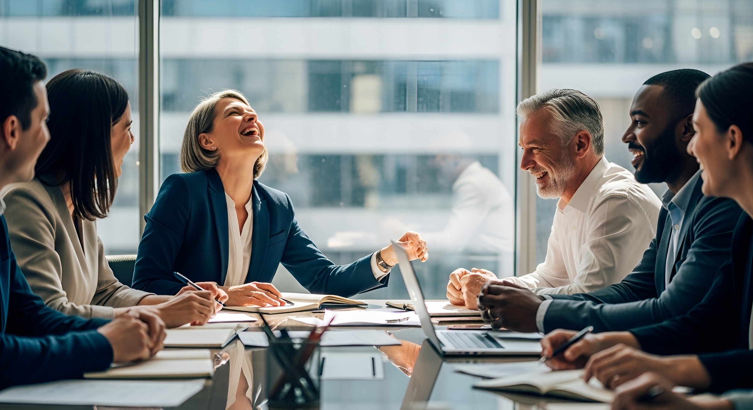 Board room full of people laughing and working together.