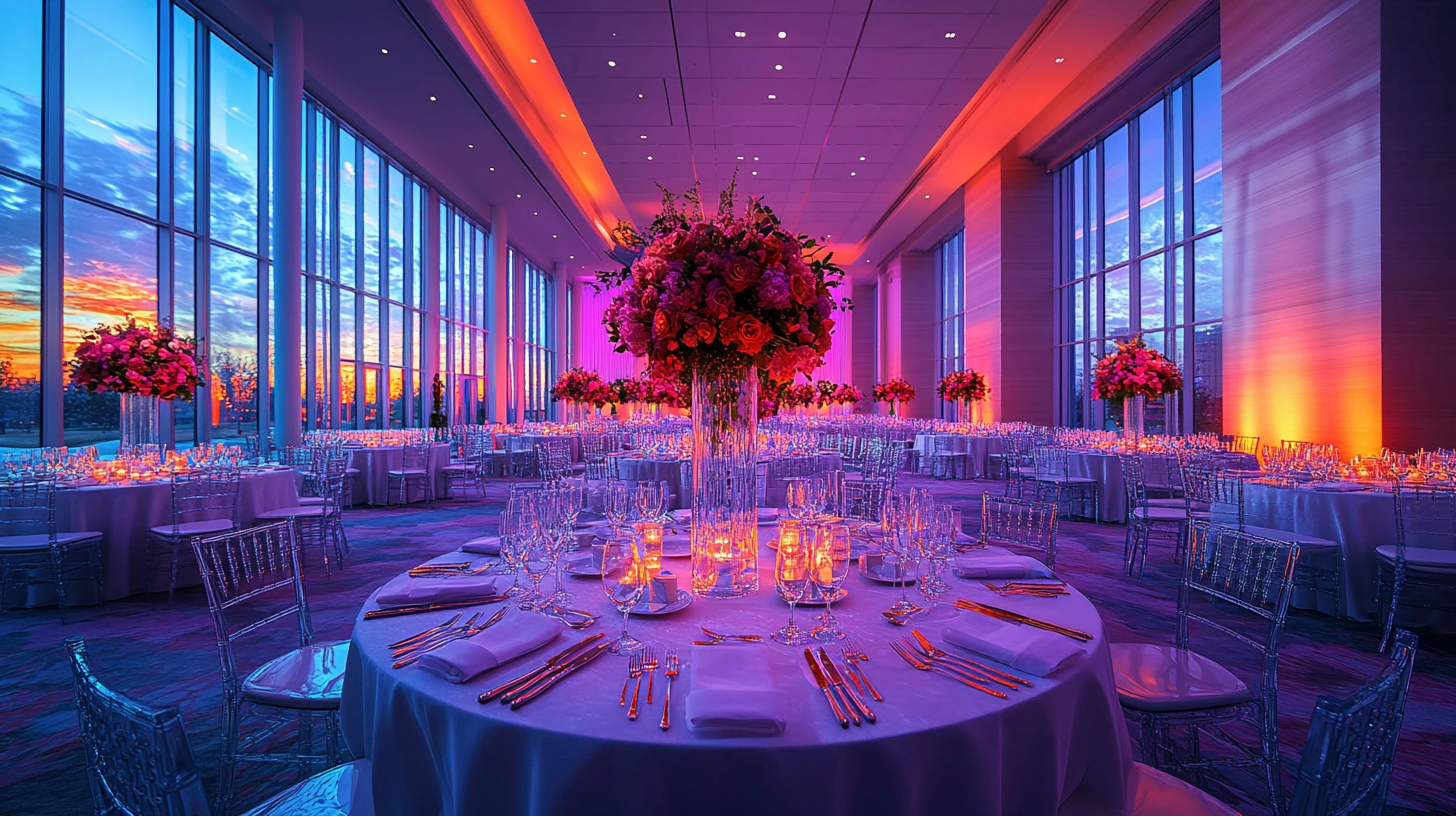 Elegant banquet hall with large floor-to-ceiling windows showing a sunset sky, decorated with tall floral centerpieces on round tables set for a formal event.